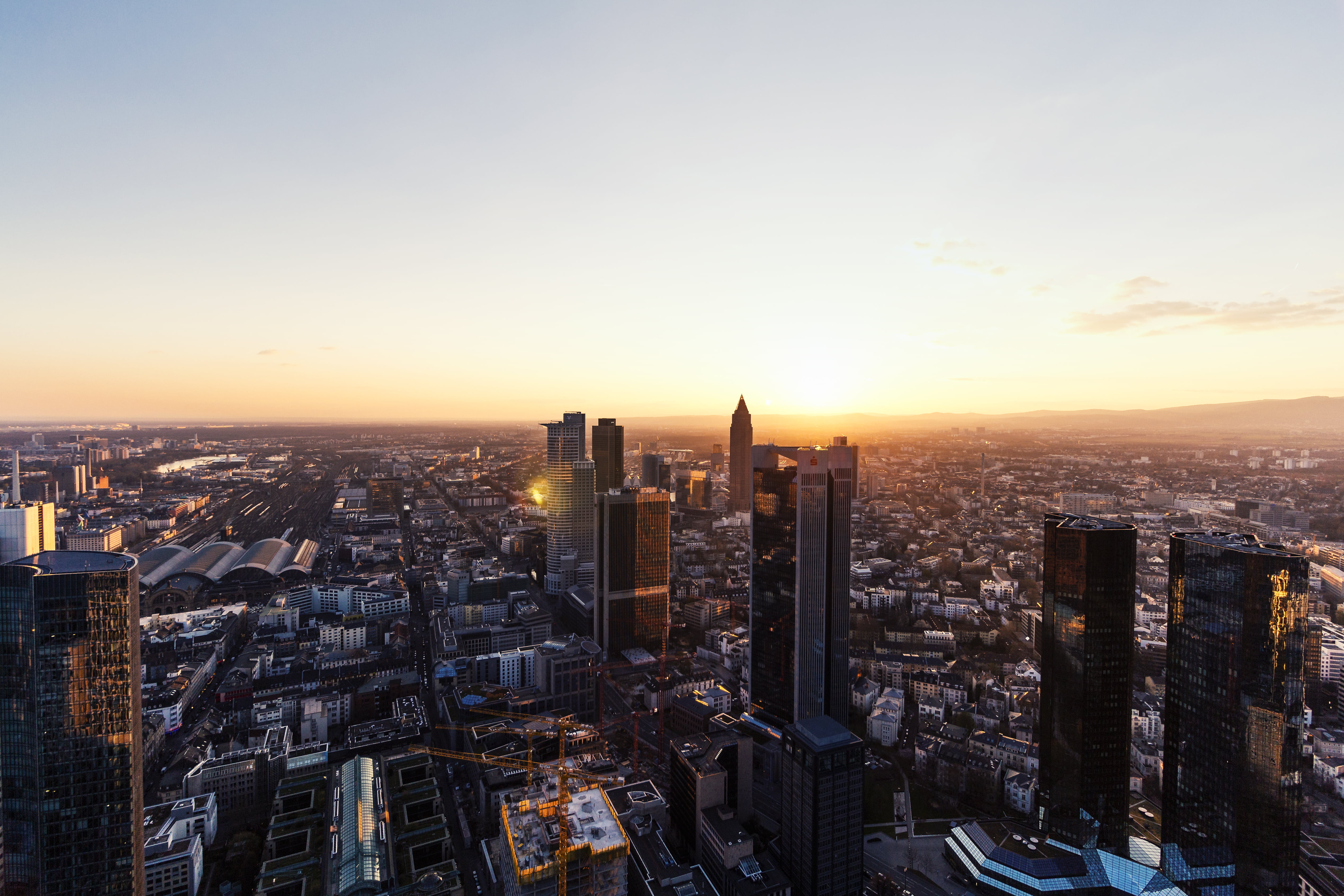 City buildings during sunset in aerial photography, frankfurt HD