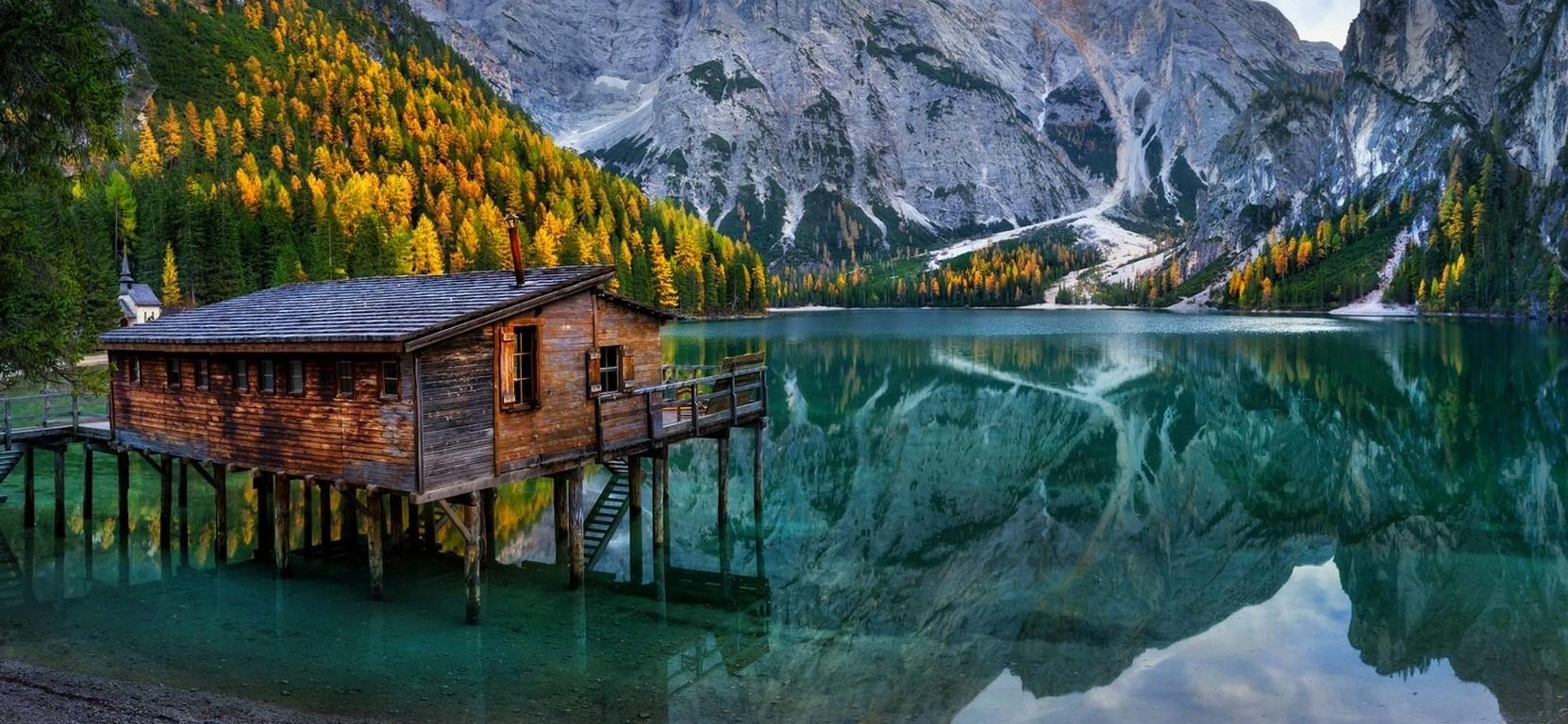 nature, Landscape, Lake, Mountain, Cabin, Chapel, Forest, Fall