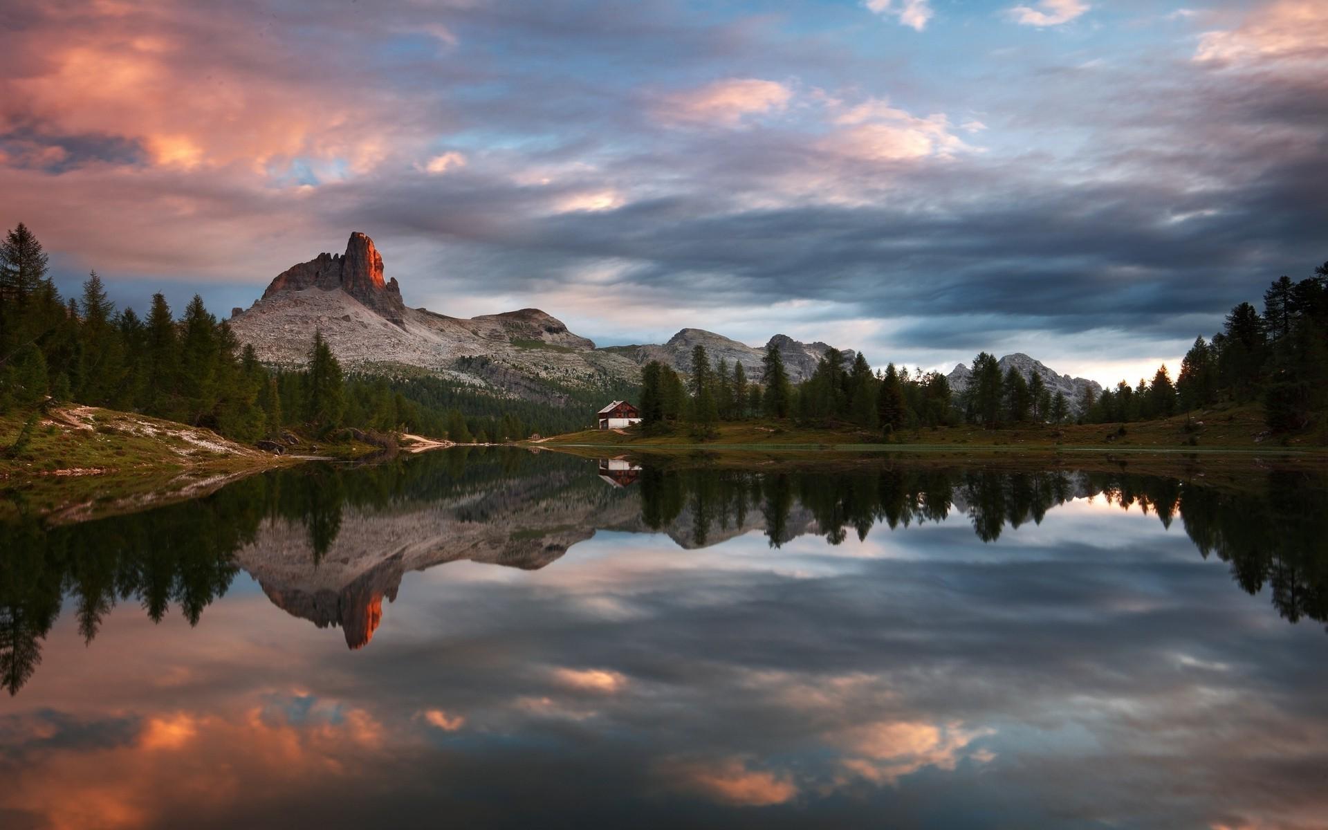 nature, Landscape, Sunset, Mountain, Lake, Forest, Cabin, Clouds