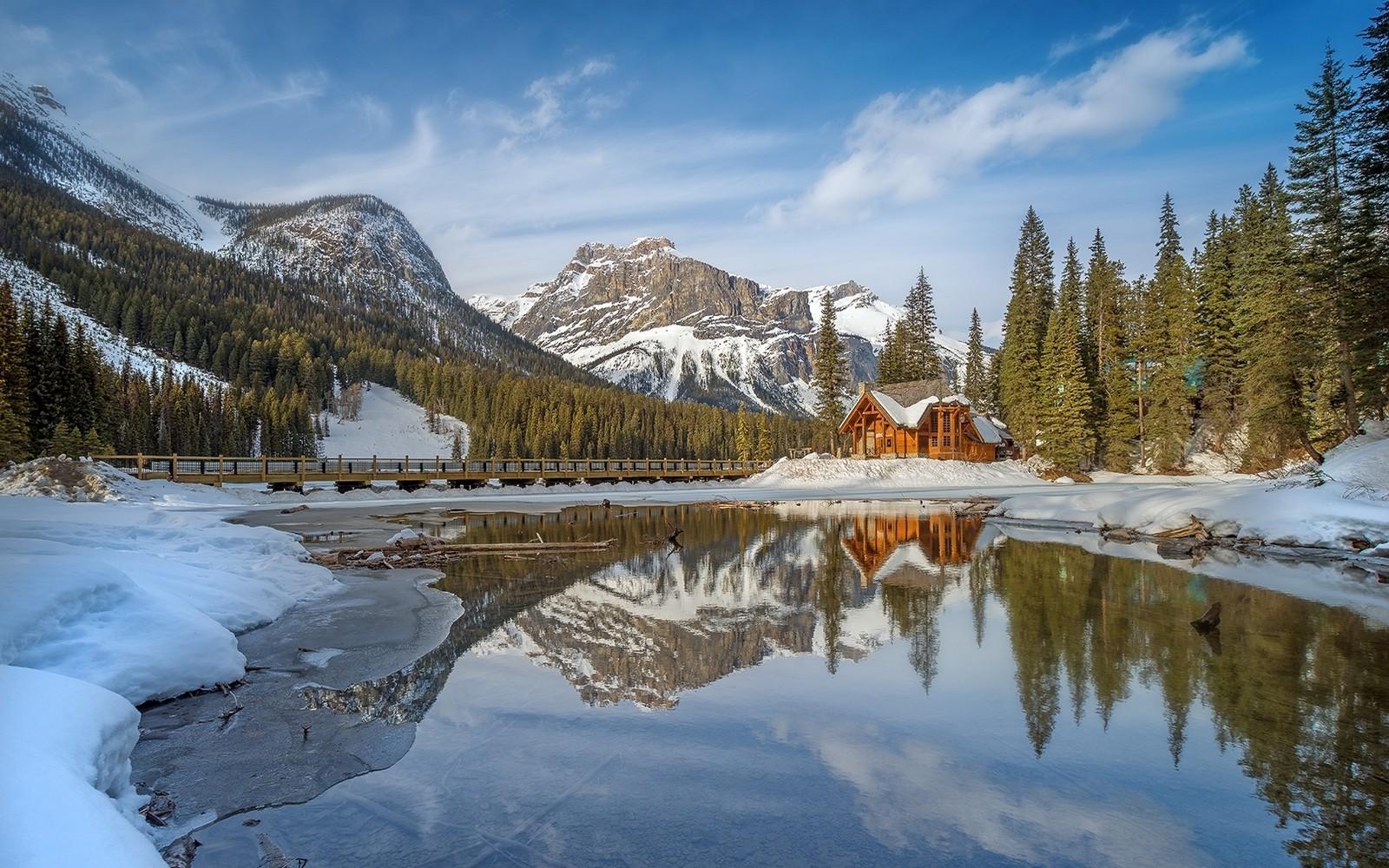 snow, lake, landscape, reflection, cabin, forest