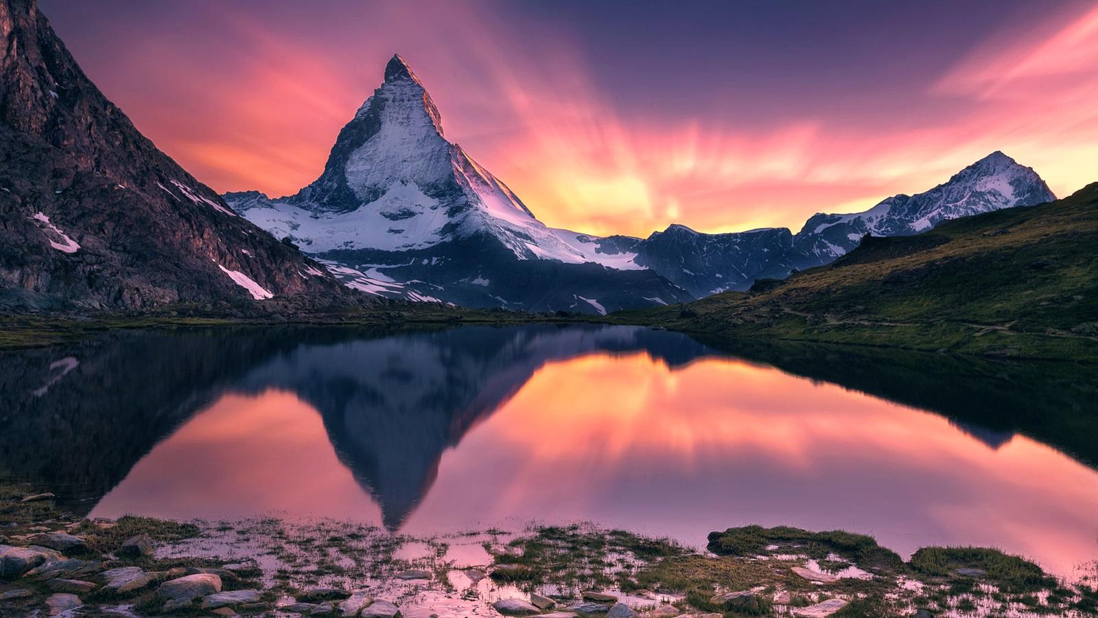 Wallpaper Matterhorn, beautiful sunset landscape, mountain, lake