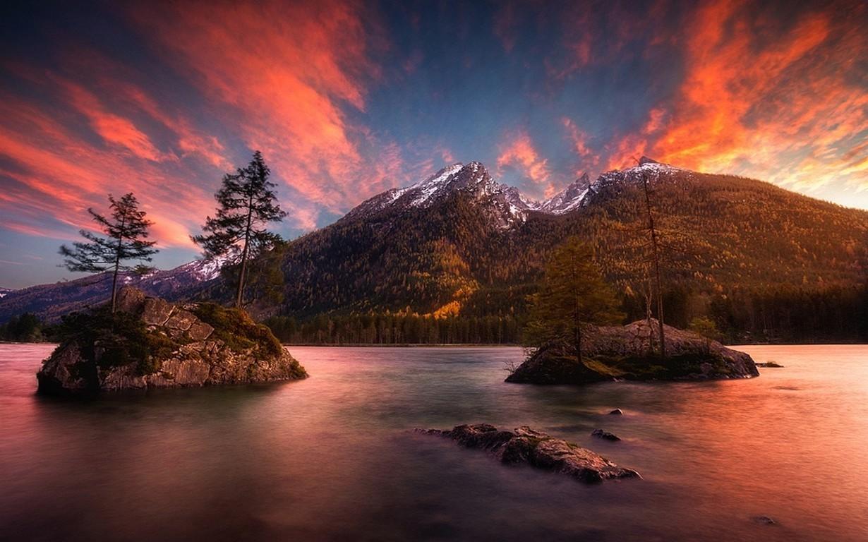 nature landscape sunset mountain forest island lake snowy