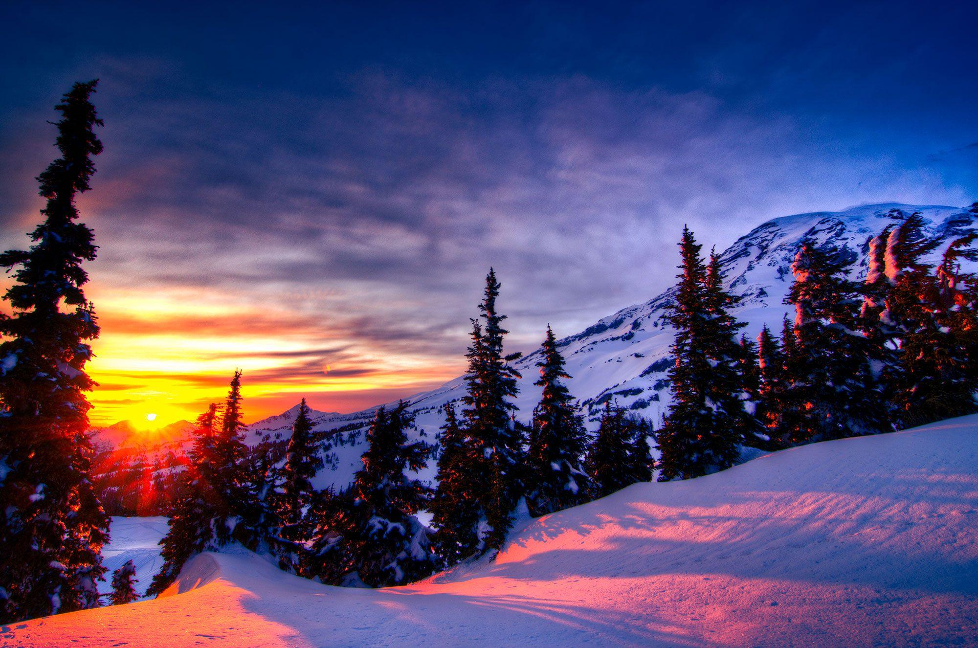 Landscape. Winter sunset, Mountain sunset