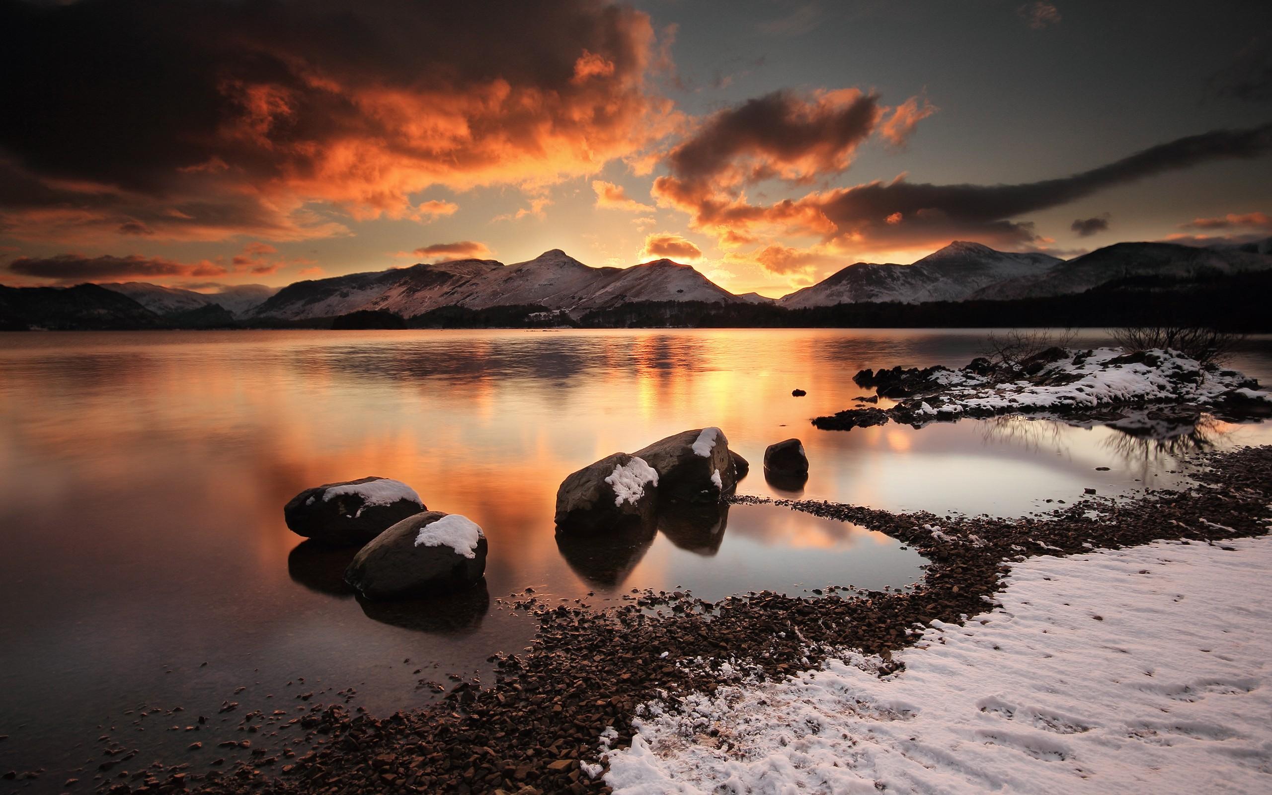 water, Sunset, Mountains, Clouds, Landscapes, Nature, Winter, Beach
