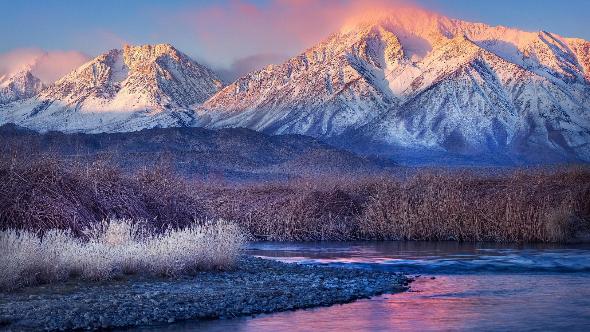 sunset, mountains, landscapes, nature, snow, grass, rivers wallpaper