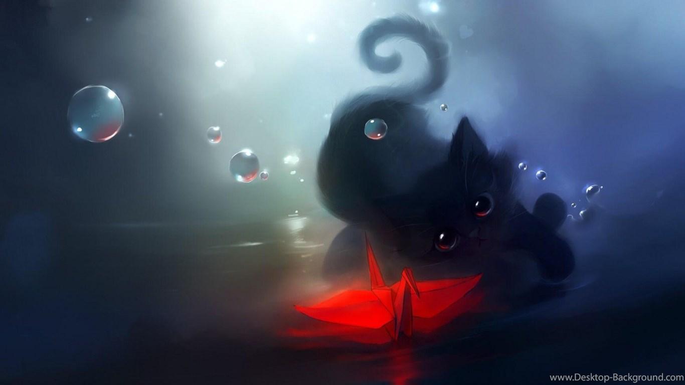 Wallpaper: Black Cat, Cute, Bubble, Folded paper Crane, Red, Dim