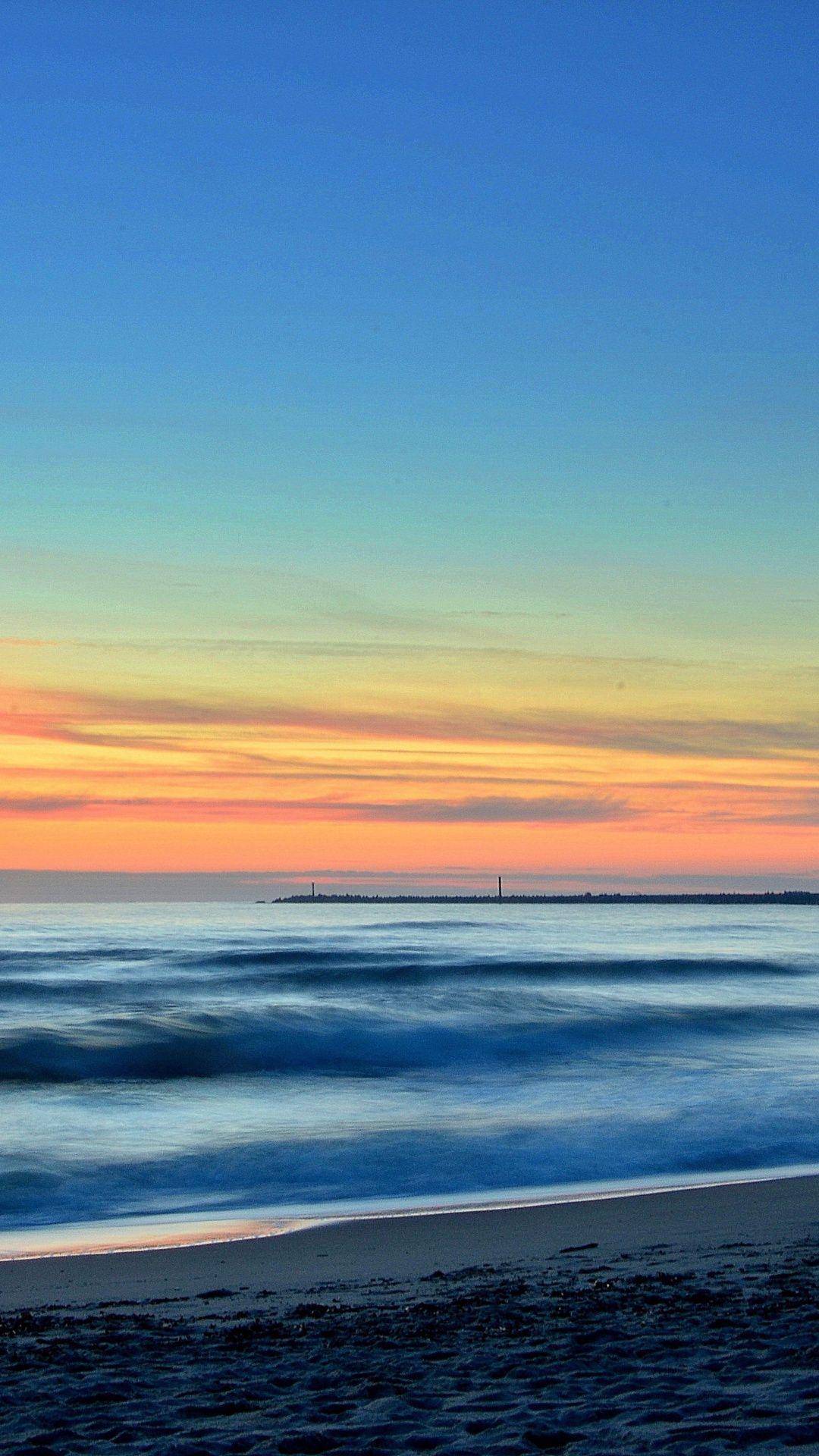 Beach, mist, blue orange sky, sunset, nature, 1080x1920 wallpaper