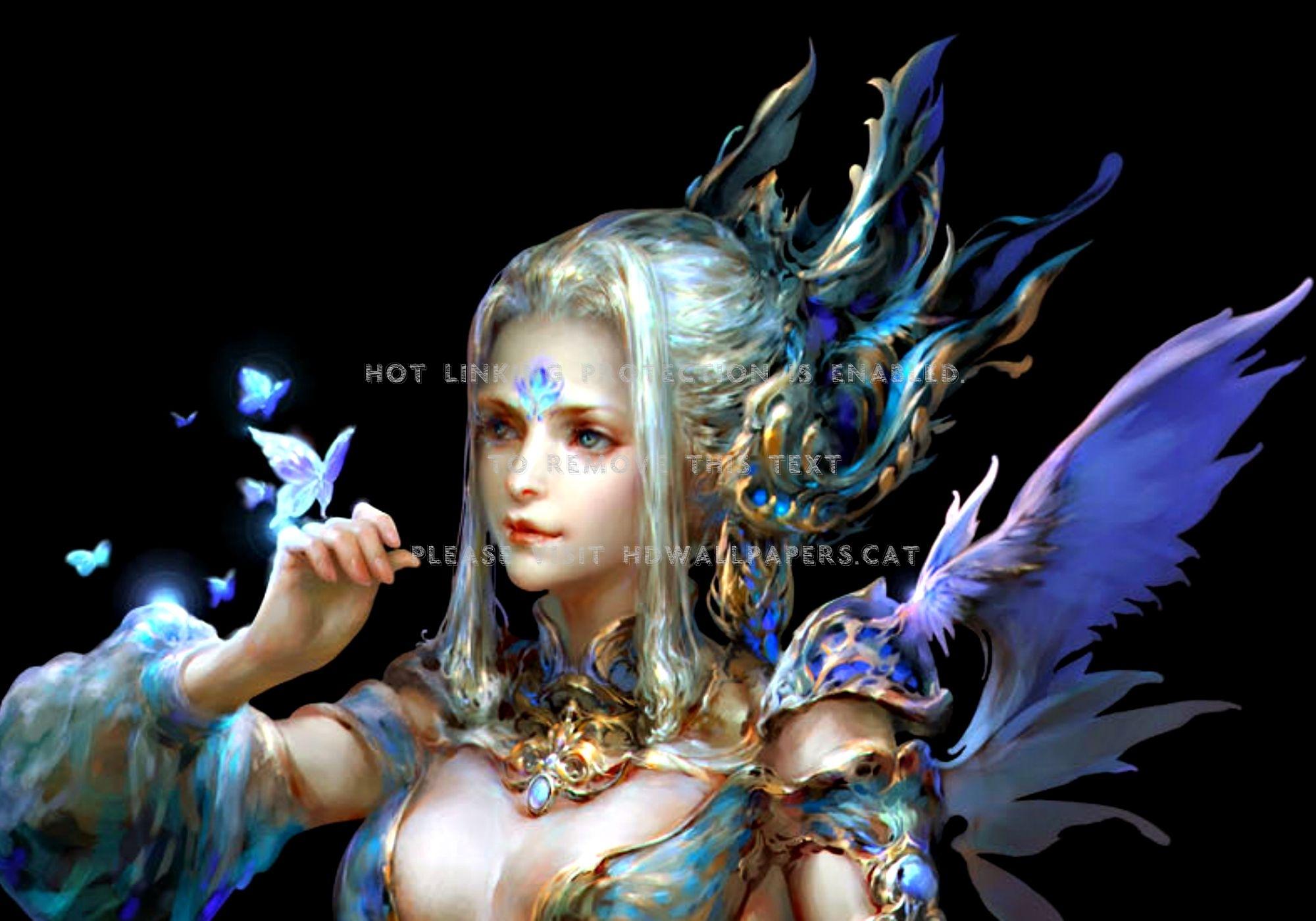 angel girl elf art black butterfly blue