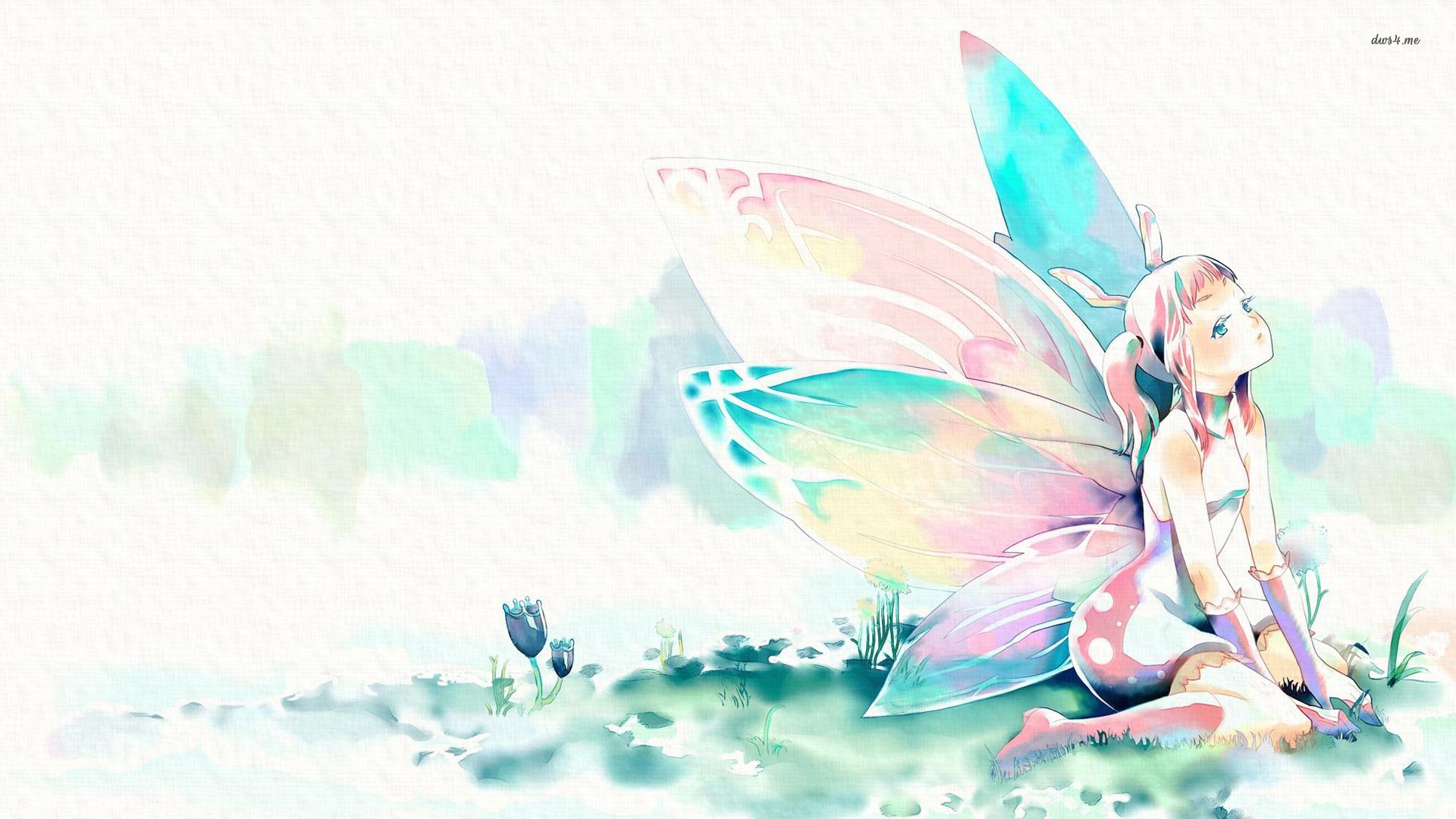 Small fairy with colorful wings on the grass wallpaper
