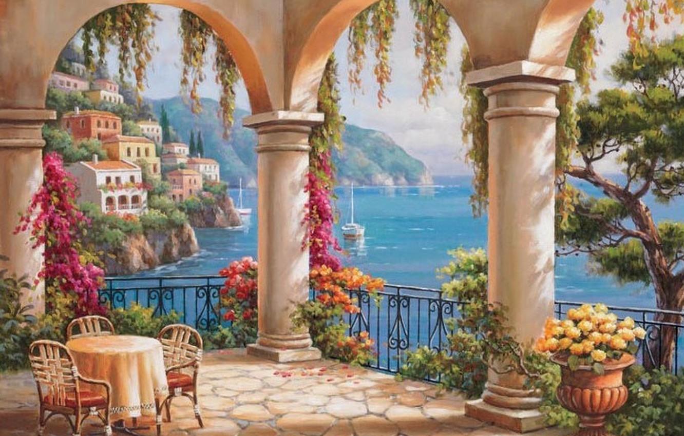 Wallpaper flowers, picture, columns, painting, sea, terrace