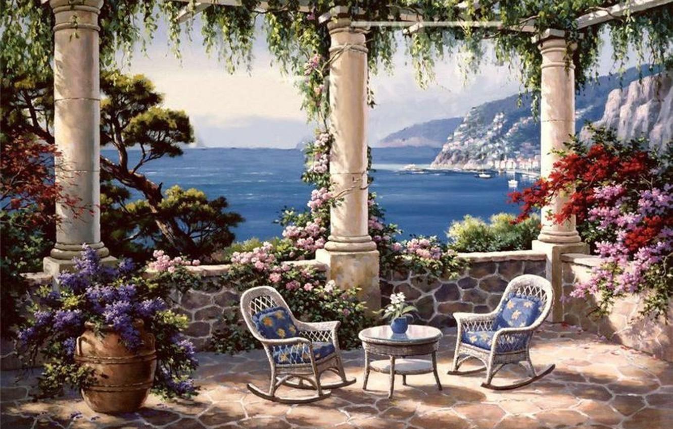 Wallpaper flowers, picture, columns, painting, sea, terrace