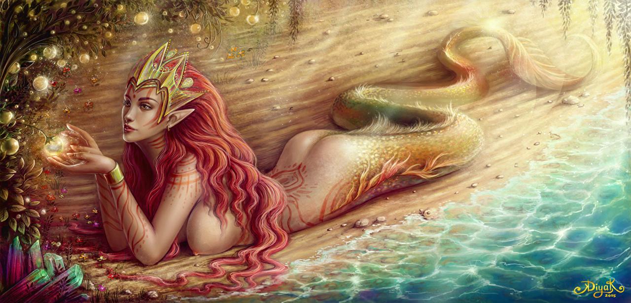 Wallpaper Redhead girl Siren Hair Fantasy young woman Tail