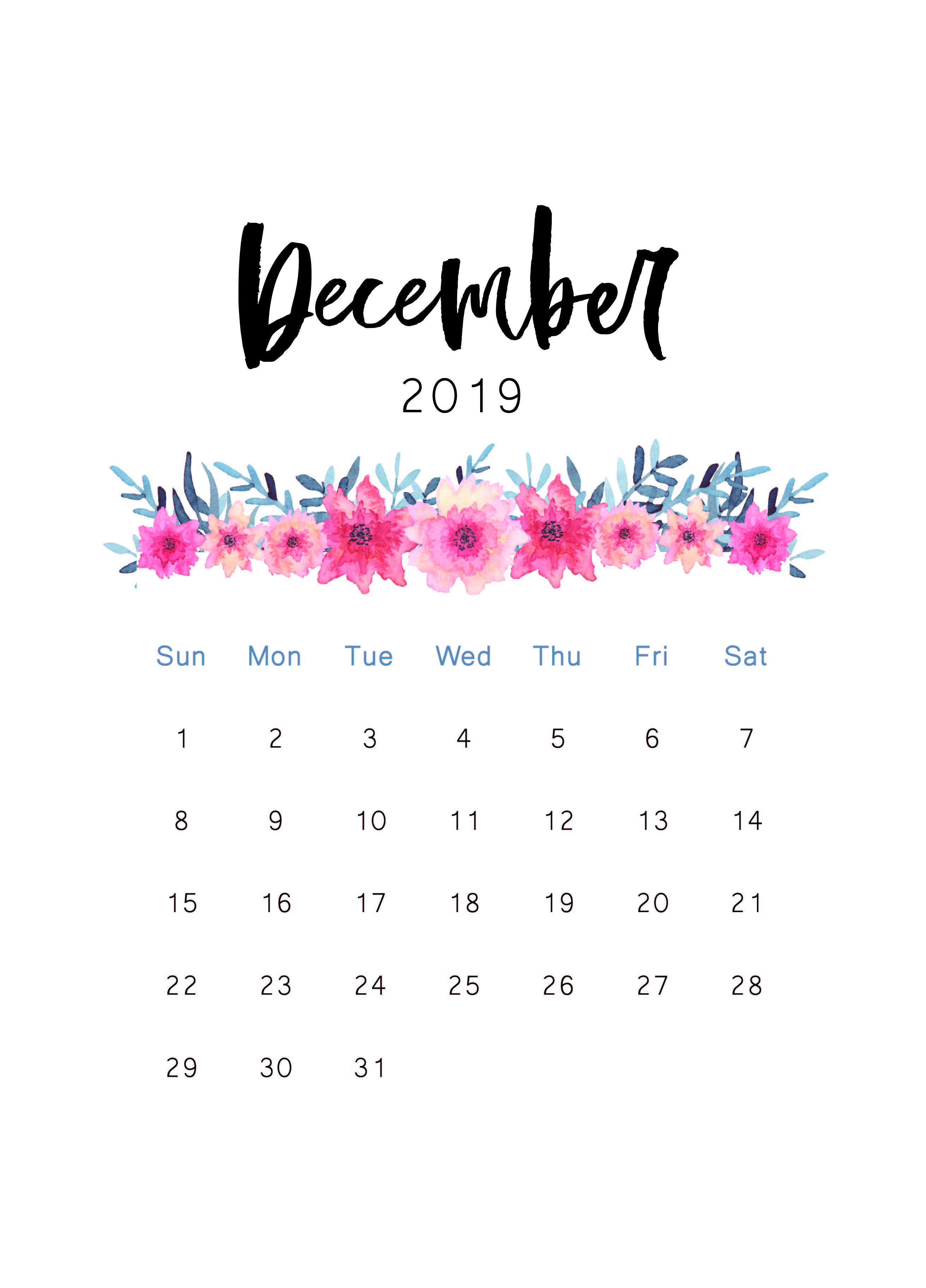 December 2019 printable calendar. The Cactus Creative. Print