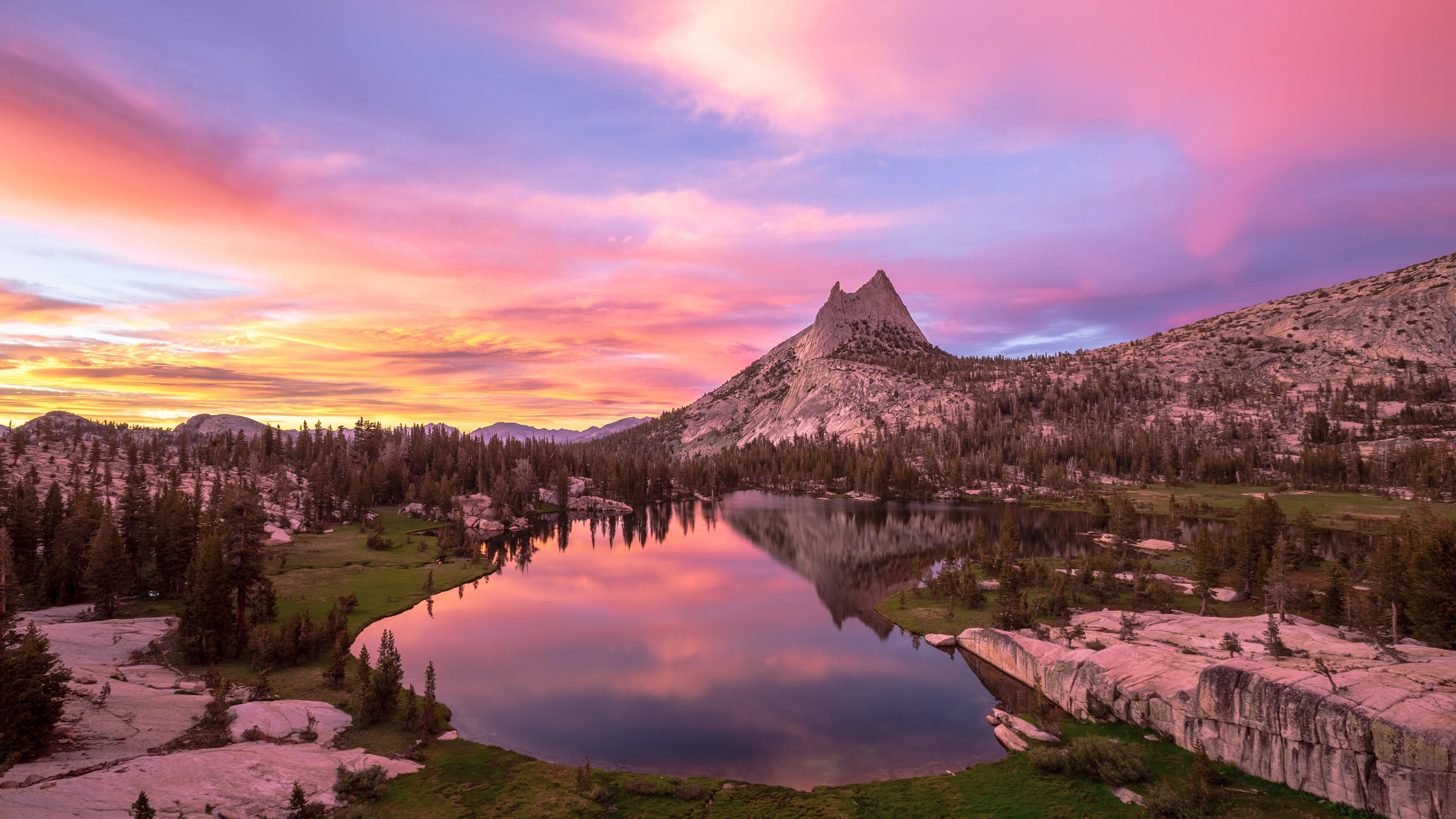 Pink Sunset at Upper Cathedral Lake Yosemite National Park 4K