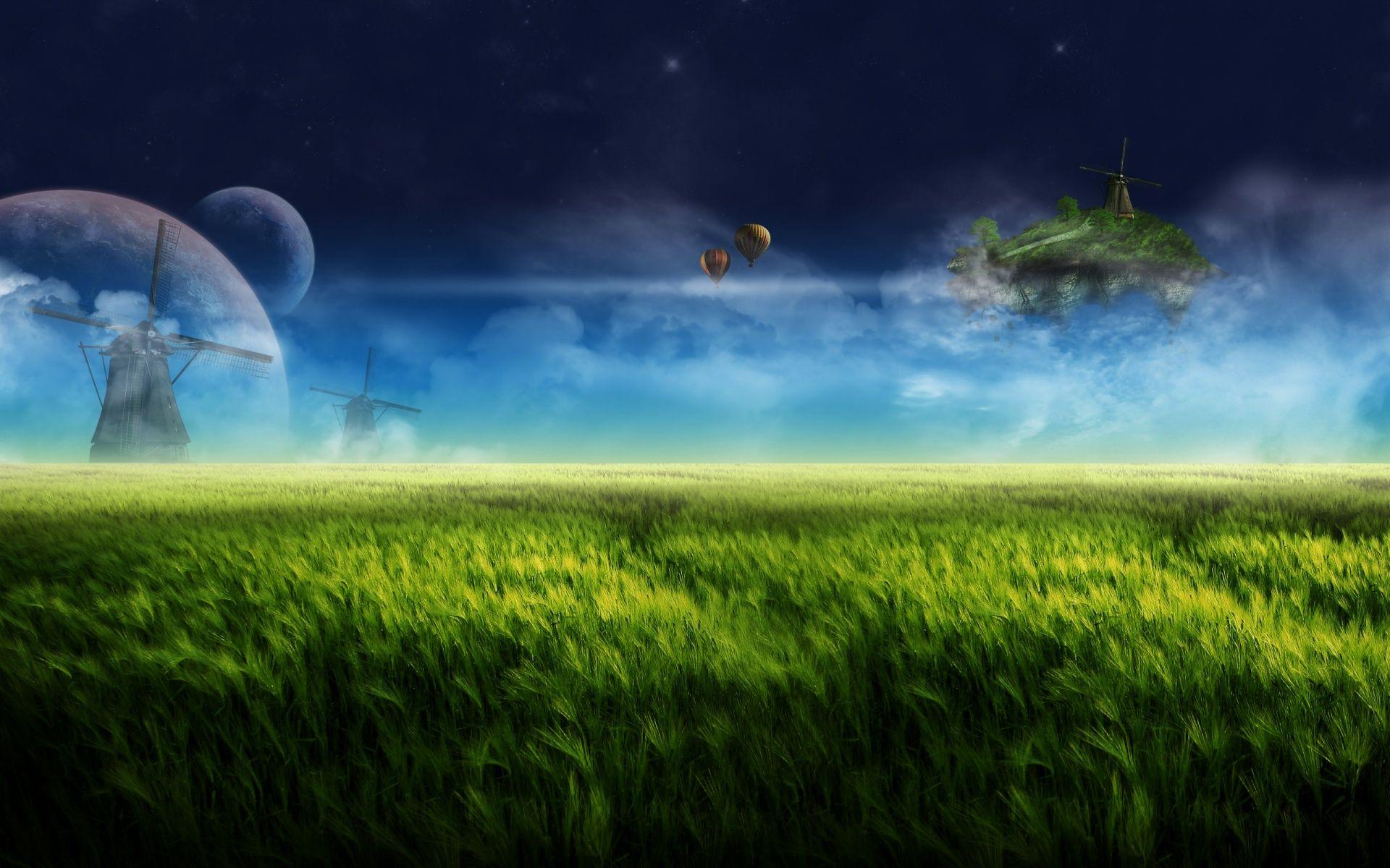 fantasy landscapes nature artistic fields hot air balloons