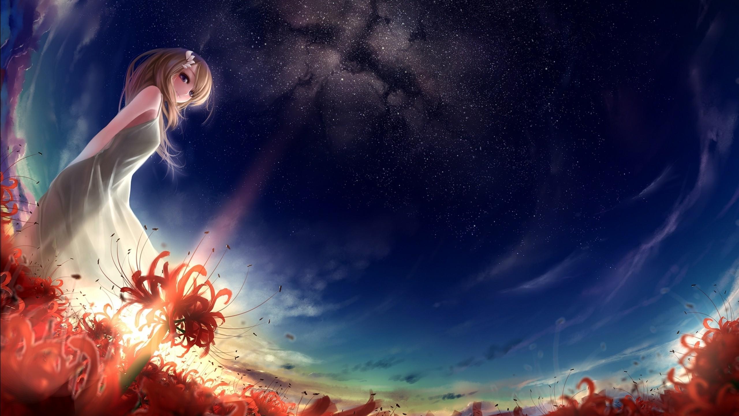 artwork fantasy art anime girls field sky sunlight stars
