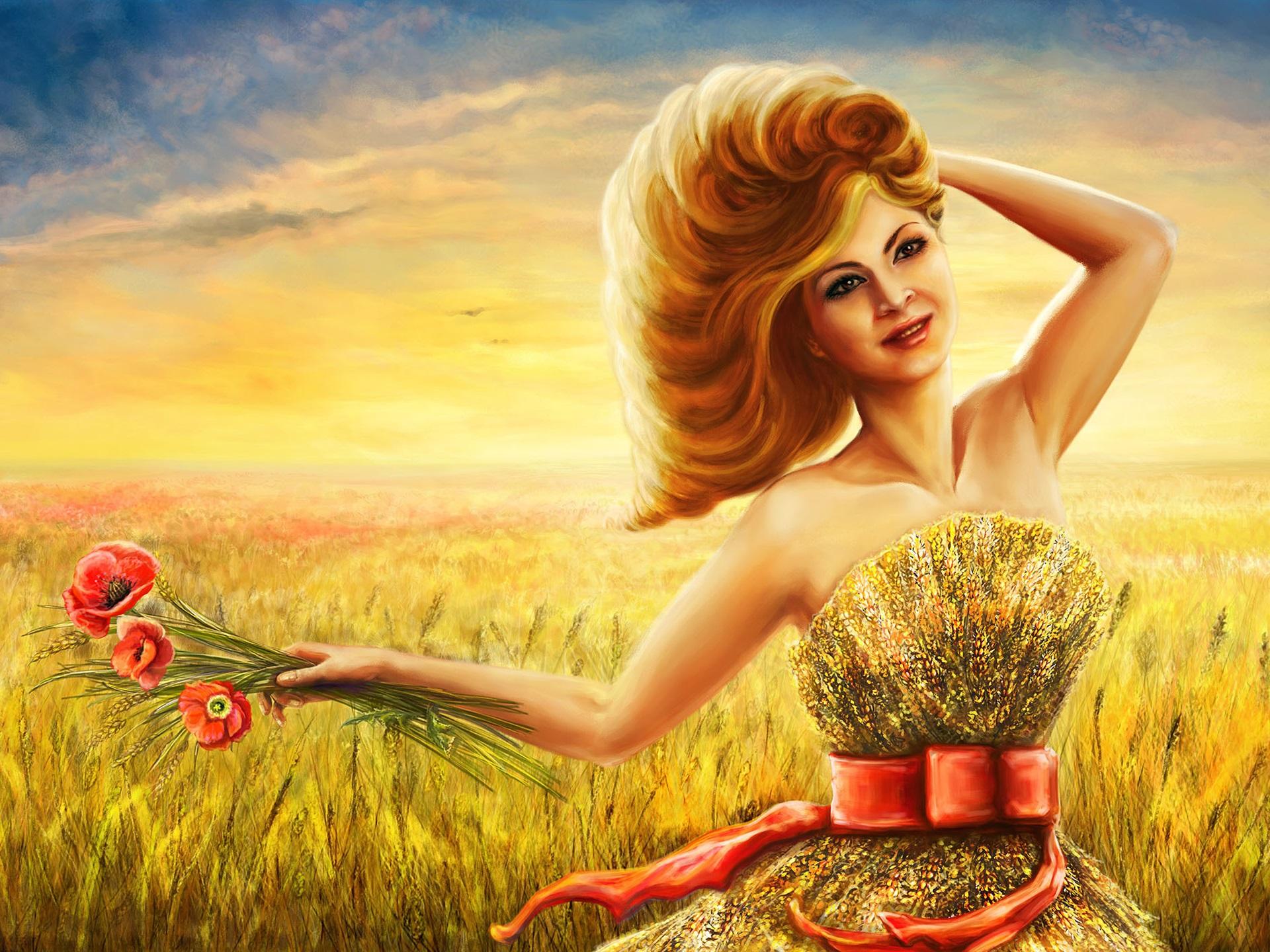 Wallpaper Art drawing, smile girl in summer, wheat field 1920x1440 HD Picture, Image
