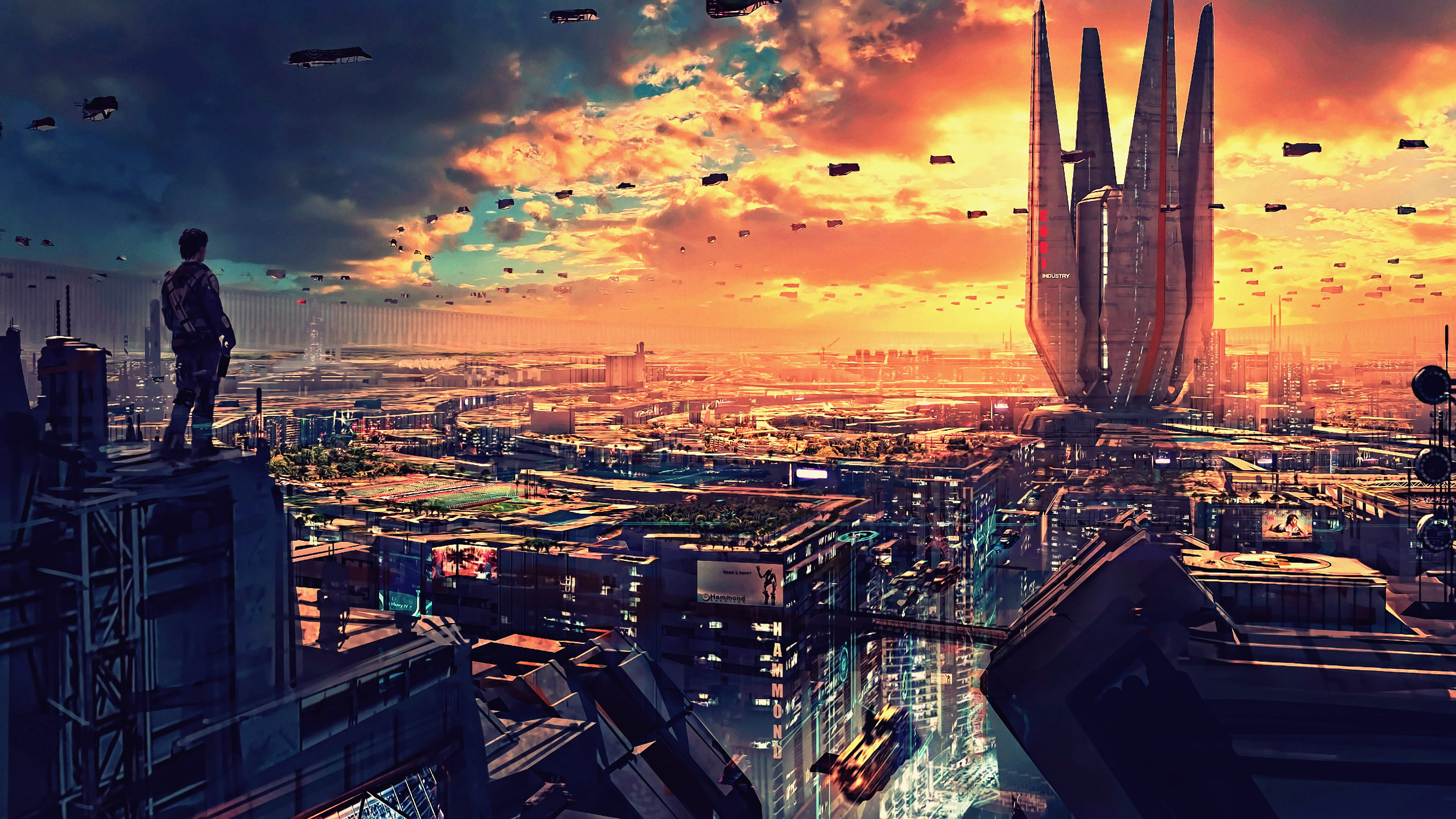 Person standing on top of building wallpaper, artwork, futuristic