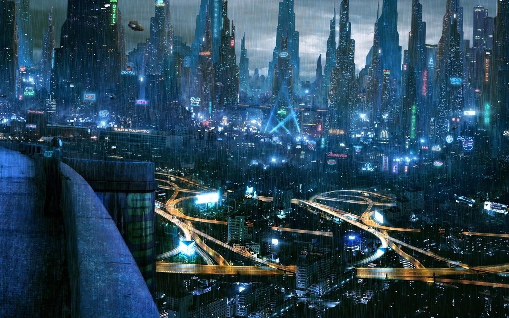 Black buildings digital wallpaper, cyberpunk, cityscape, futuristic