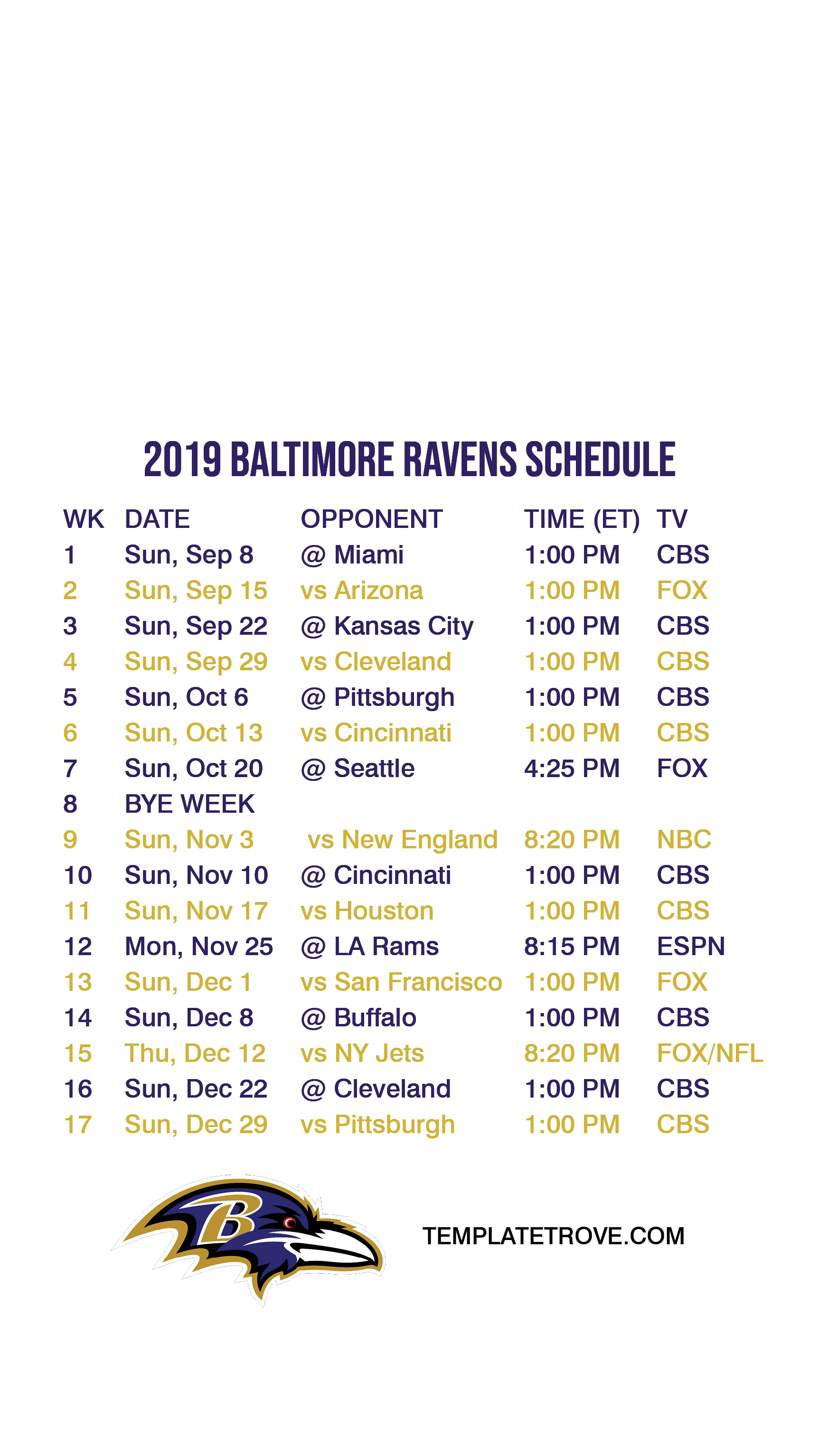 2019 2020 Baltimore Ravens Lock Screen Schedule For IPhone 6 7 8 Plus
