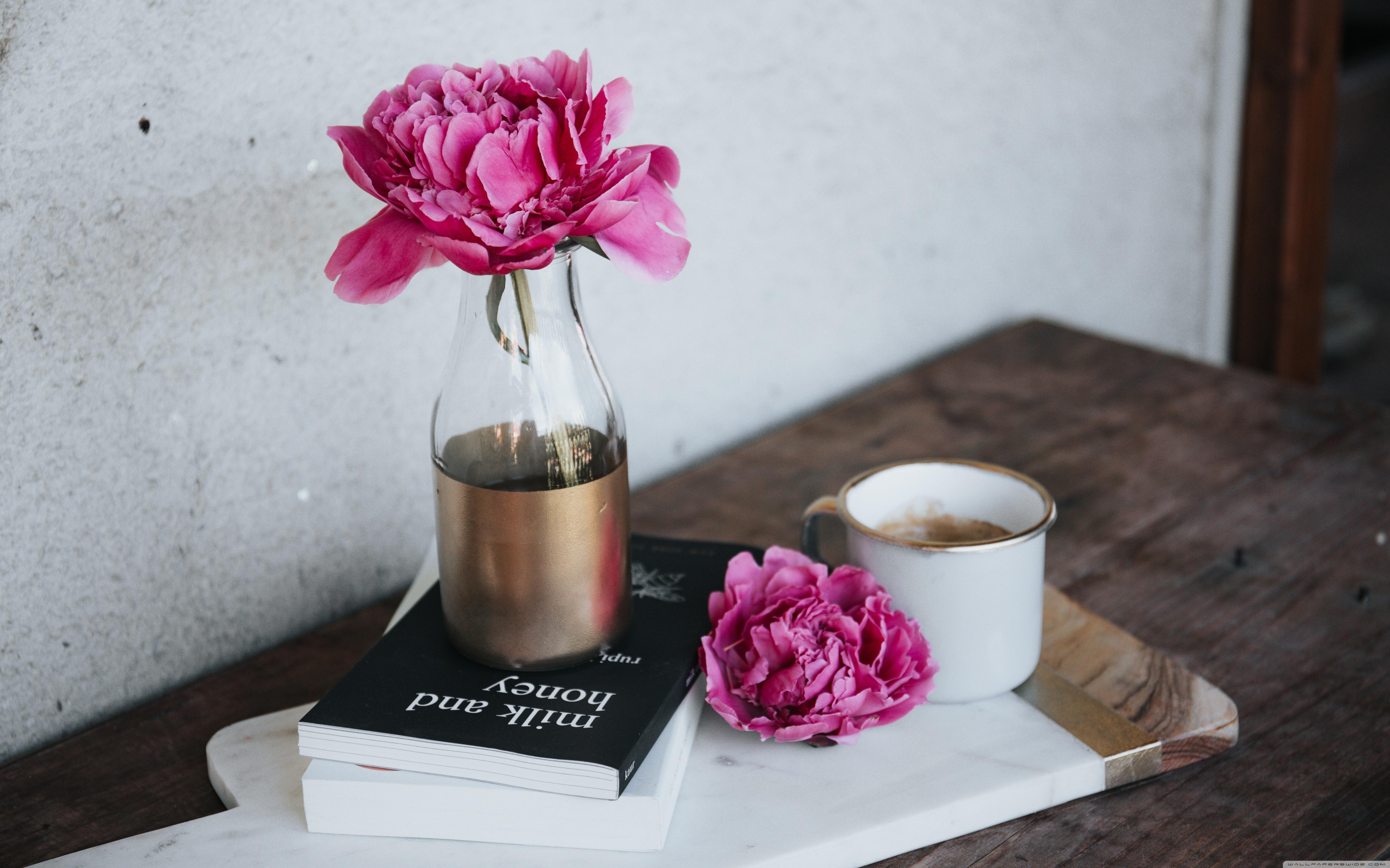 Pink Peony Flower, Books, Coffee Mug, Wooden Table ❤ 4K HD Desktop