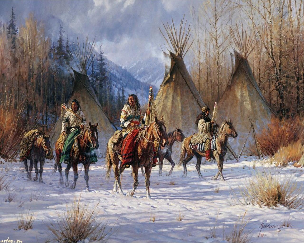 Native American Indian men riding horses painting HD wallpaper