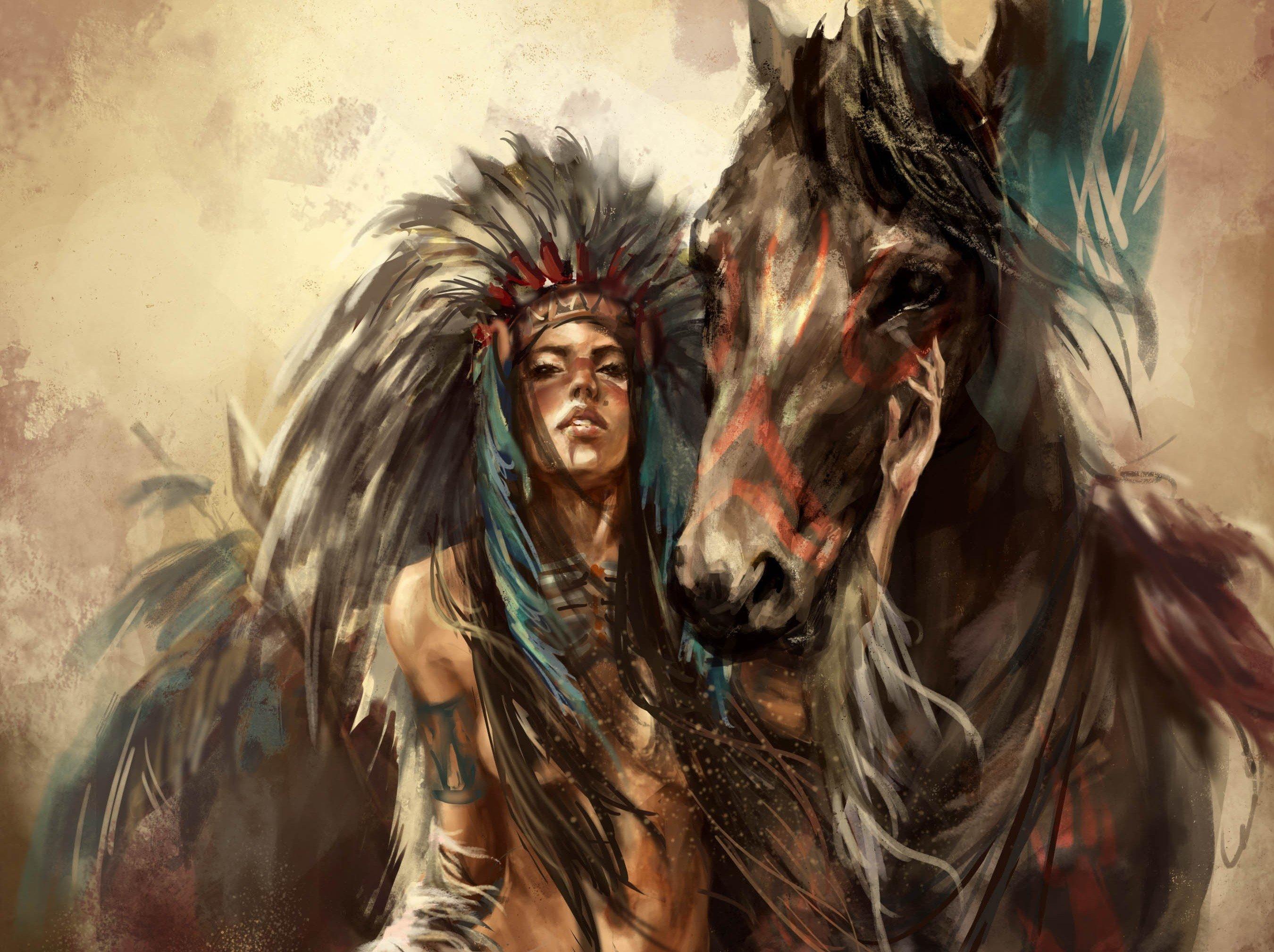 girl, Horse, Feathers, Art, Native, American, Babe, , Painting