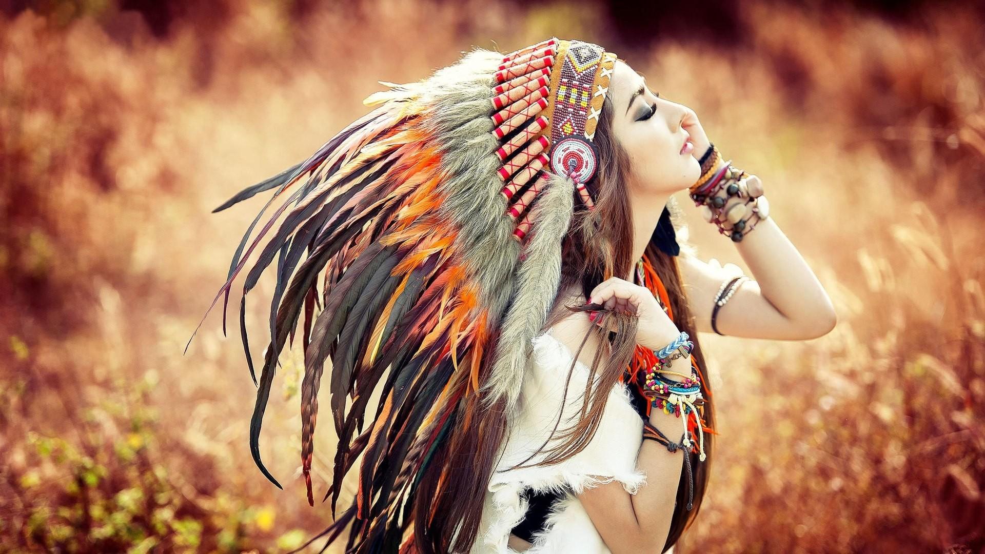 brunette, feathers, asian, headdress, closed eyes, Native Americans