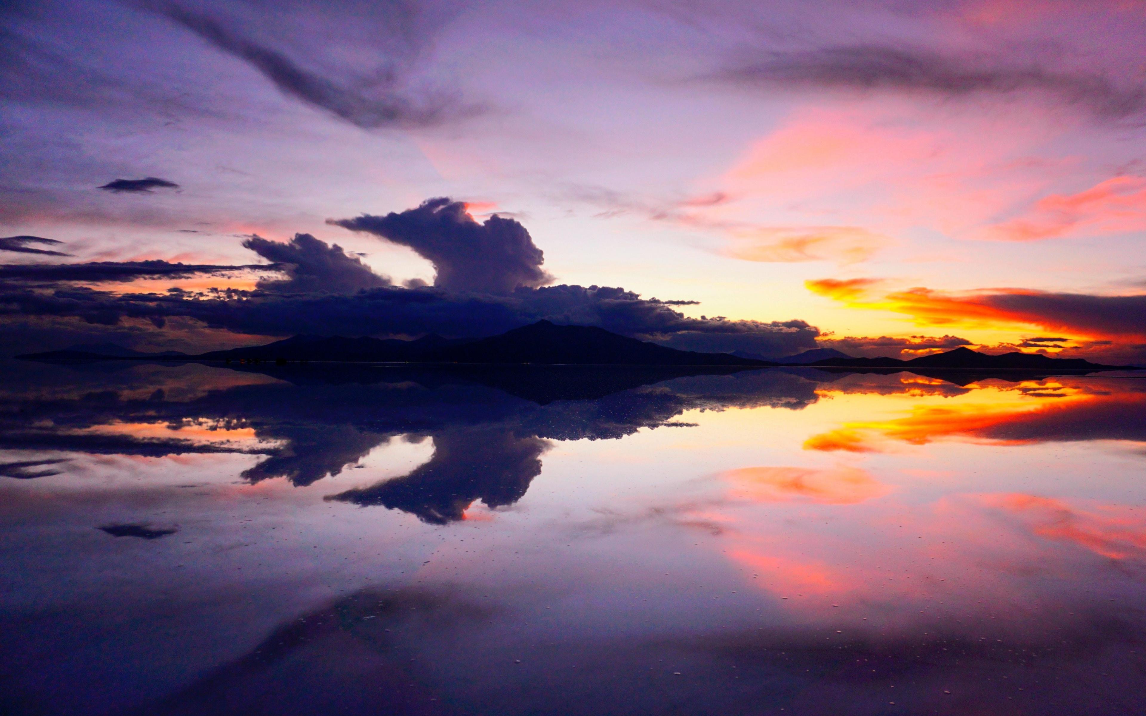 Download 3840x2400 wallpaper clouds, lake and sky, sunset