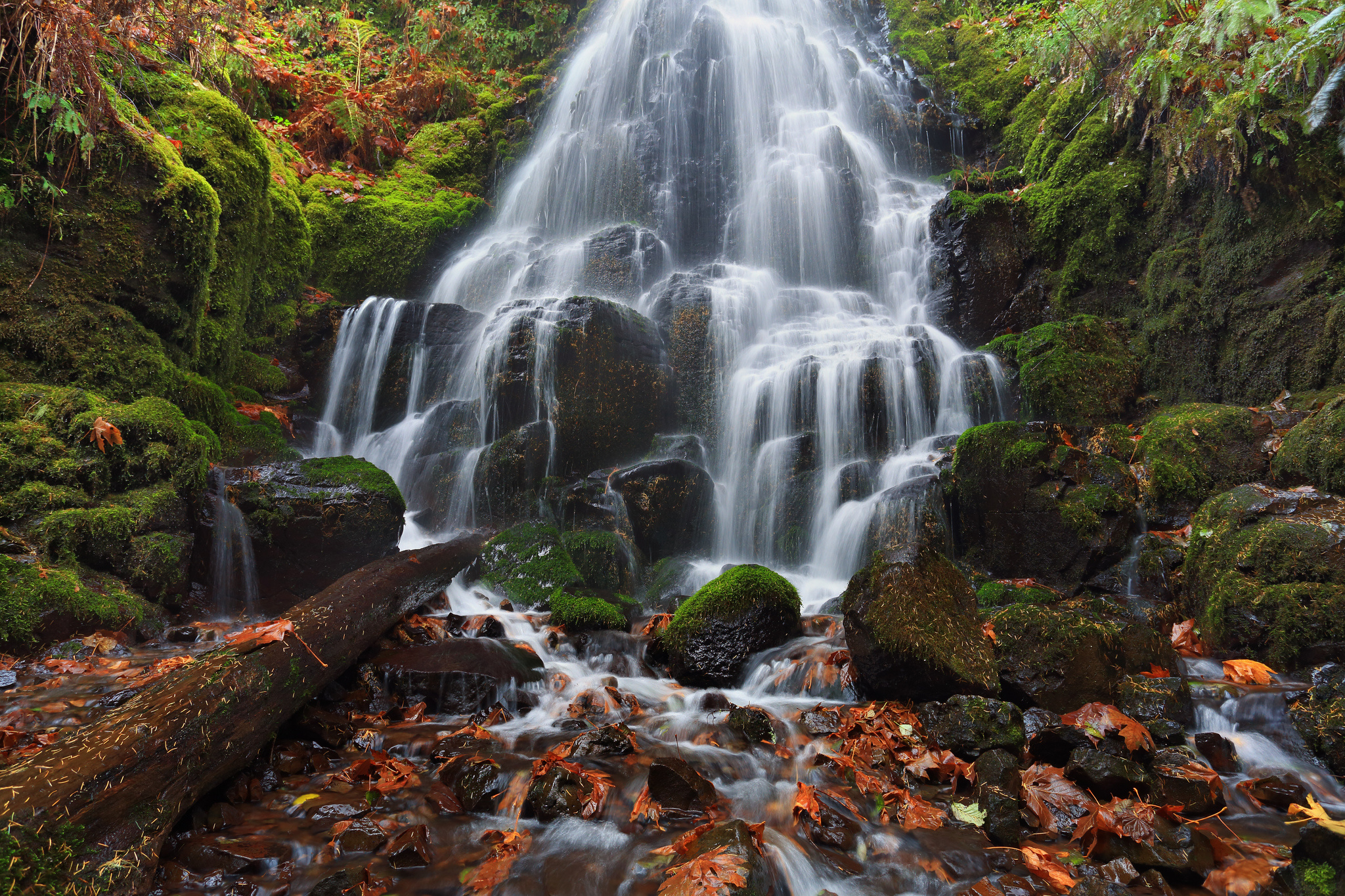 Columbia River Oregon waterfall cascade rocks moss leaves autumn