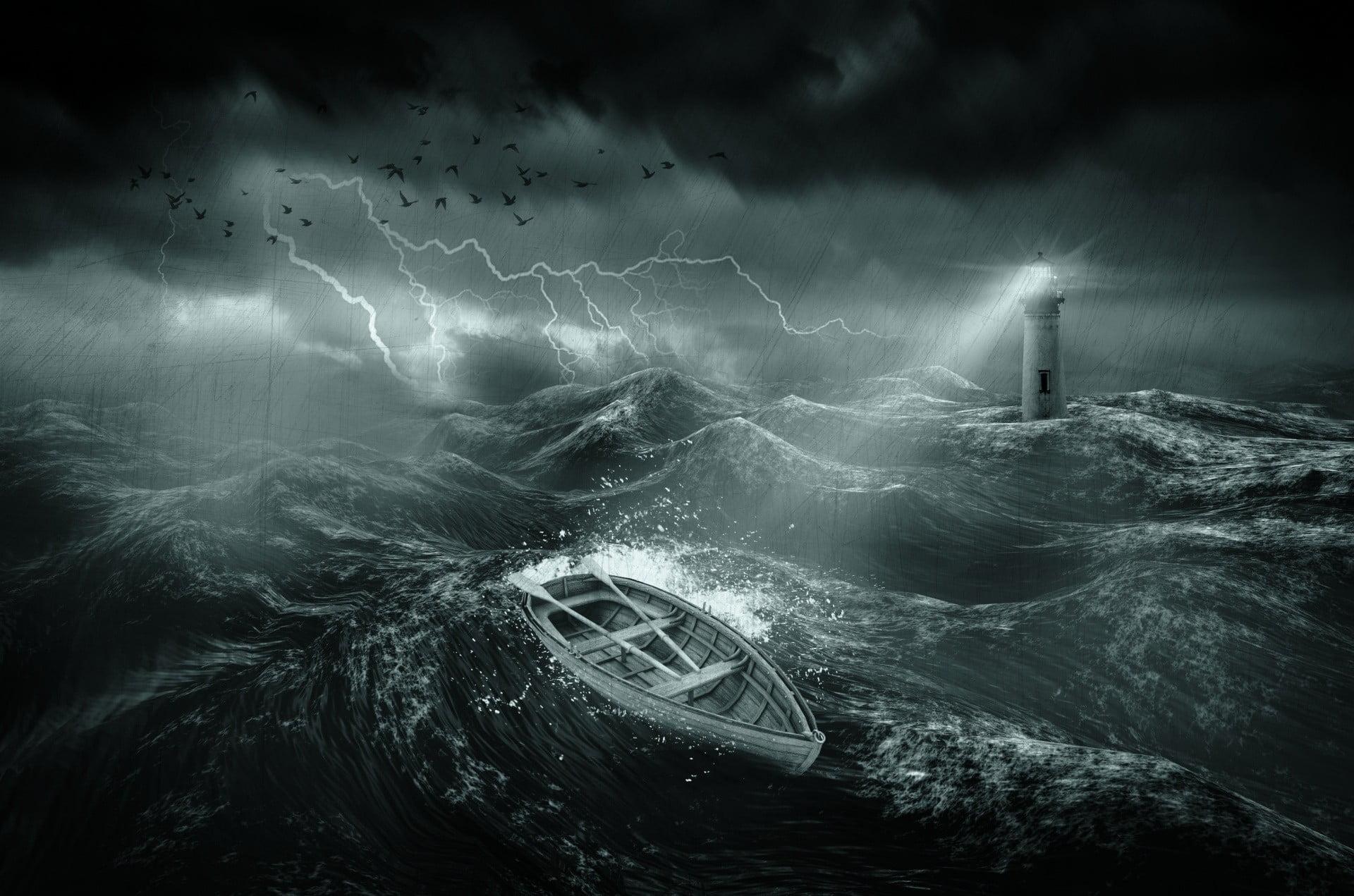 Illustration of stormy seas with lighthouse and clinker boat, nature