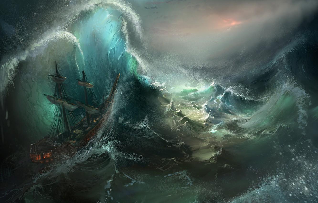 Wallpaper sea, wave, storm, ship, art, Diamond Kitty Finding Her Johnson, Stormy Seas image for desktop, section живопись