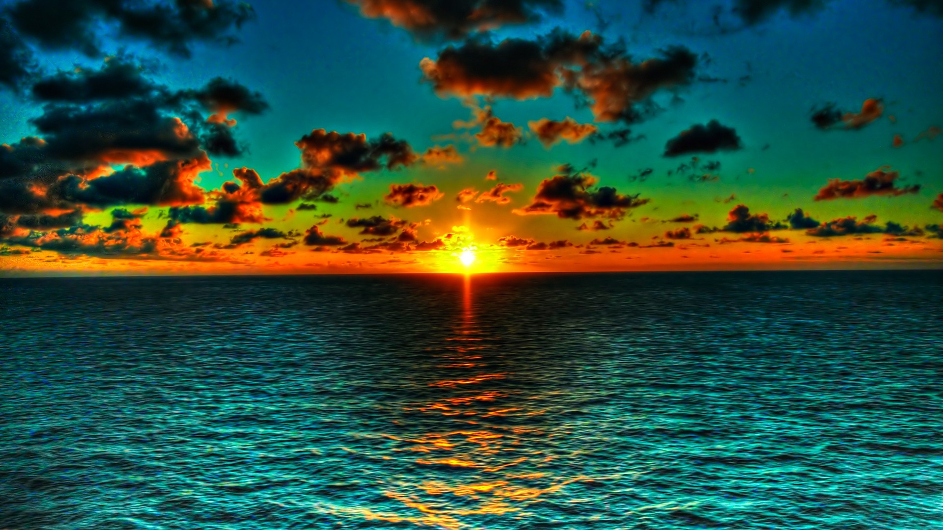 Download Wallpaper 1920x1080 sun, clouds, horizon, sea, water