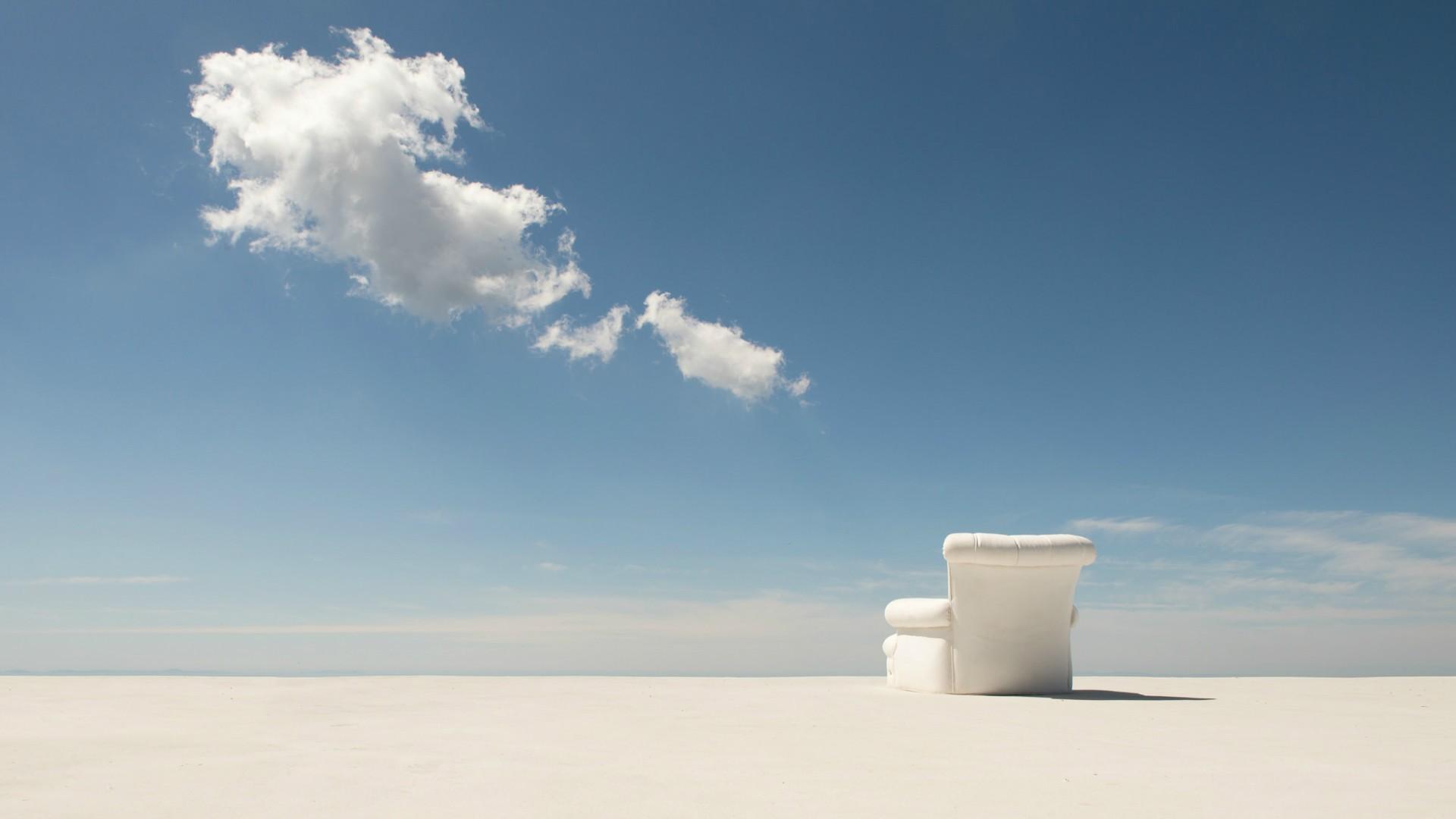 #blue, #horizon, #shadow, #minimalism, #chair, #clouds