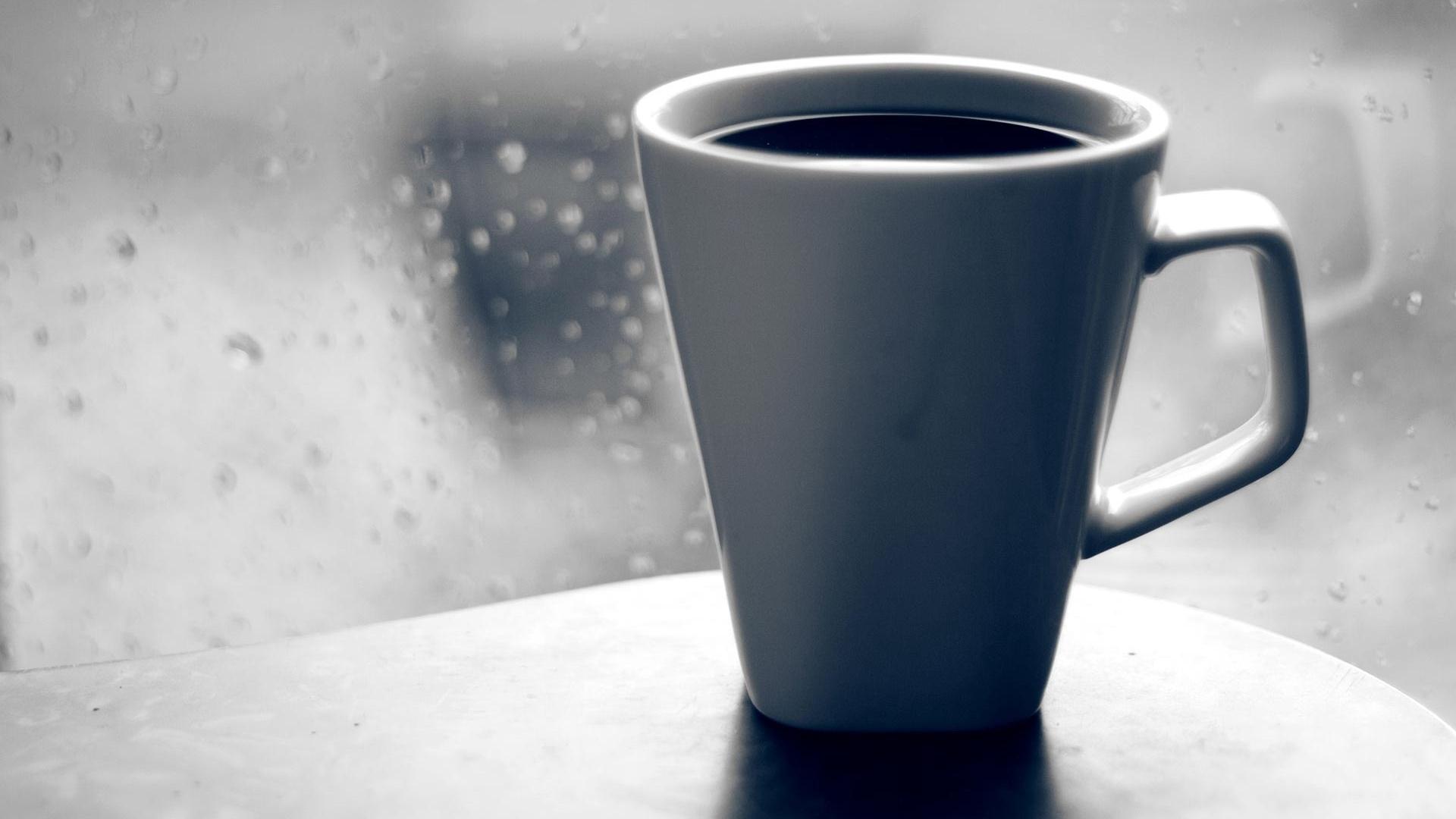 Download wallpaper 1920x1080 coffee, mug, glass, window, drops, rain