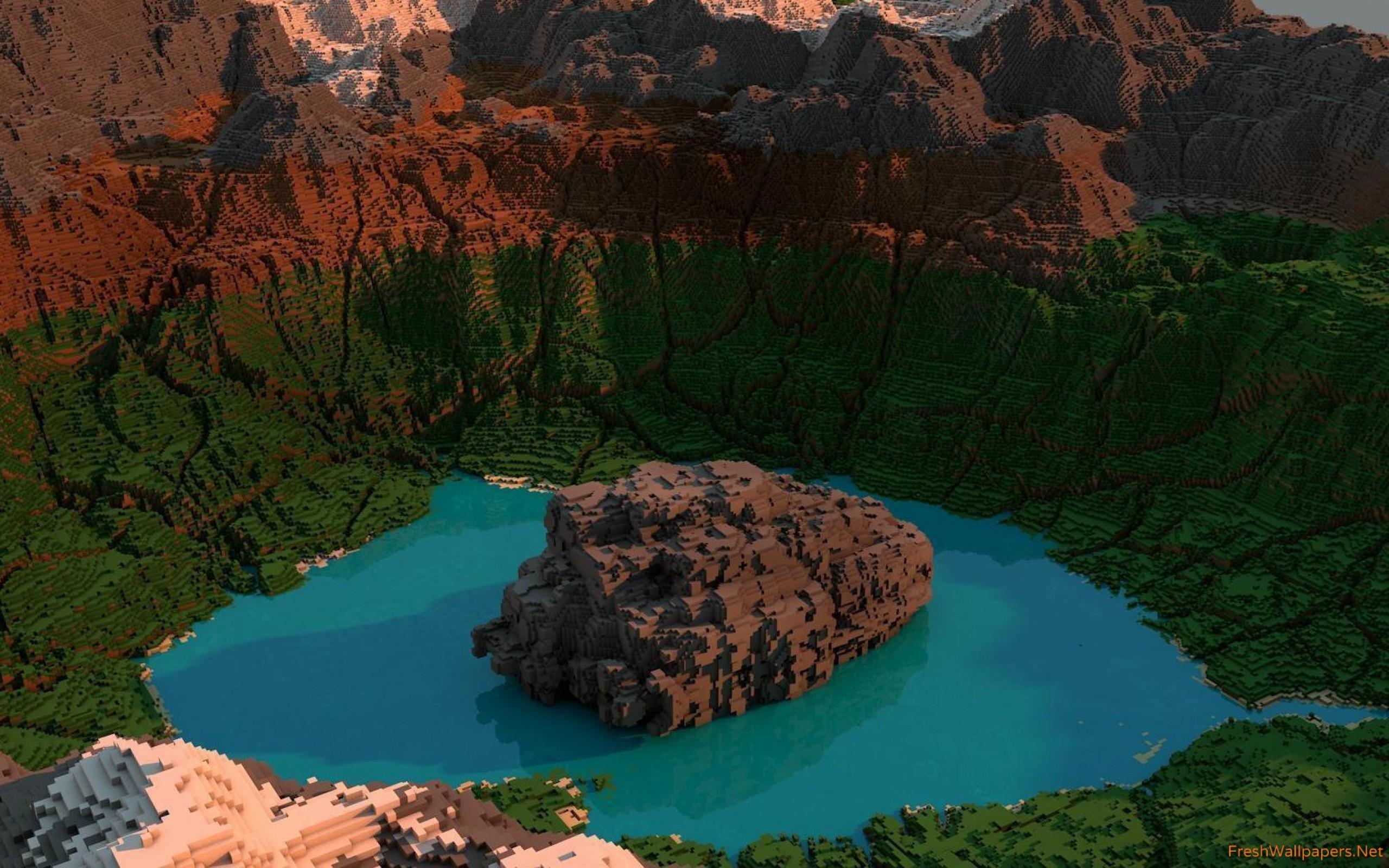 Lake surrounded by mountains in Minecraft wallpaper