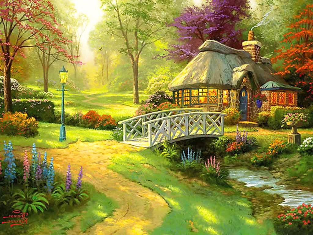 Beautiful English Bridge Cottage Garden Wallpaper. Landscape