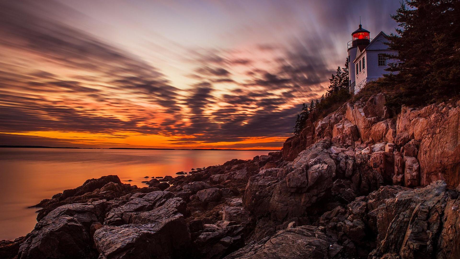 wallpaper bass harbor headlight, lighthouse, sunset HD, Widescreen