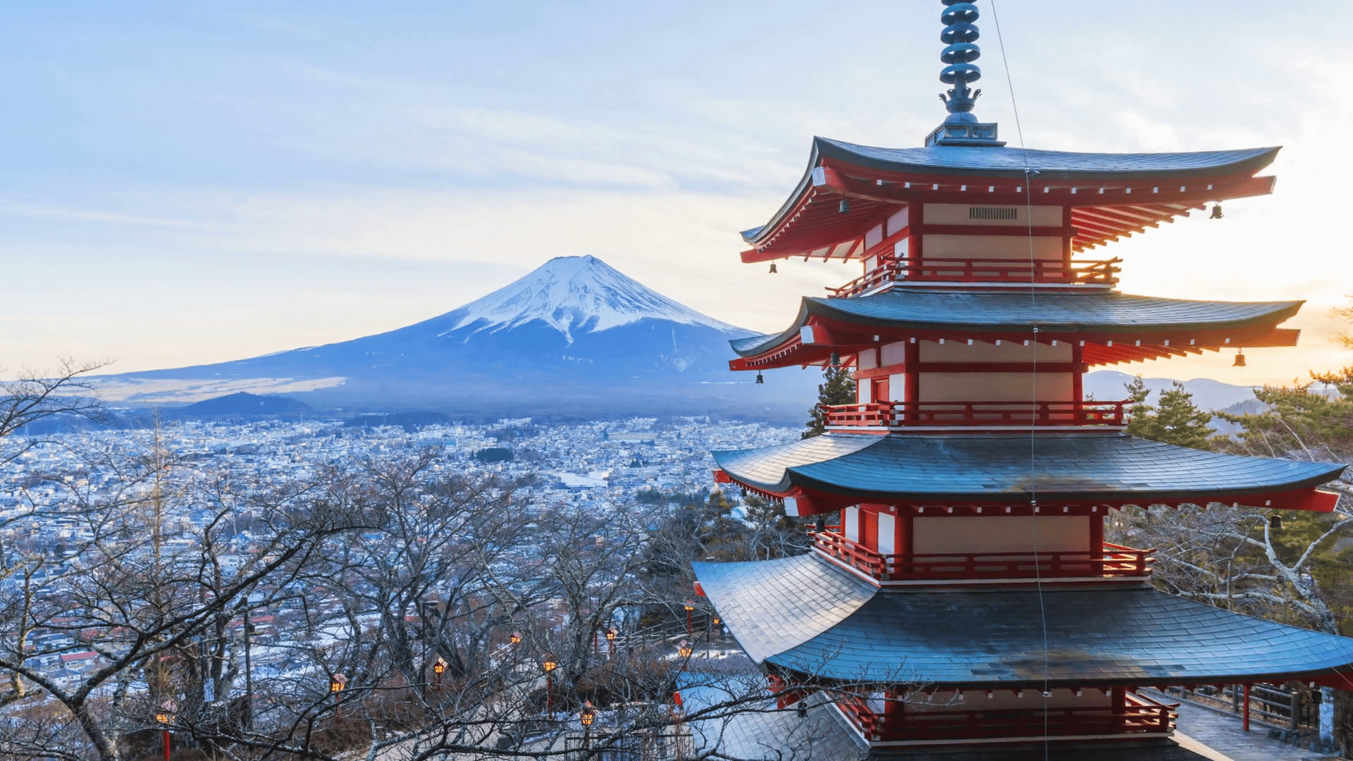 4K Timelapse of Mt. Fuji with Chureito Pagoda at sunset in winter