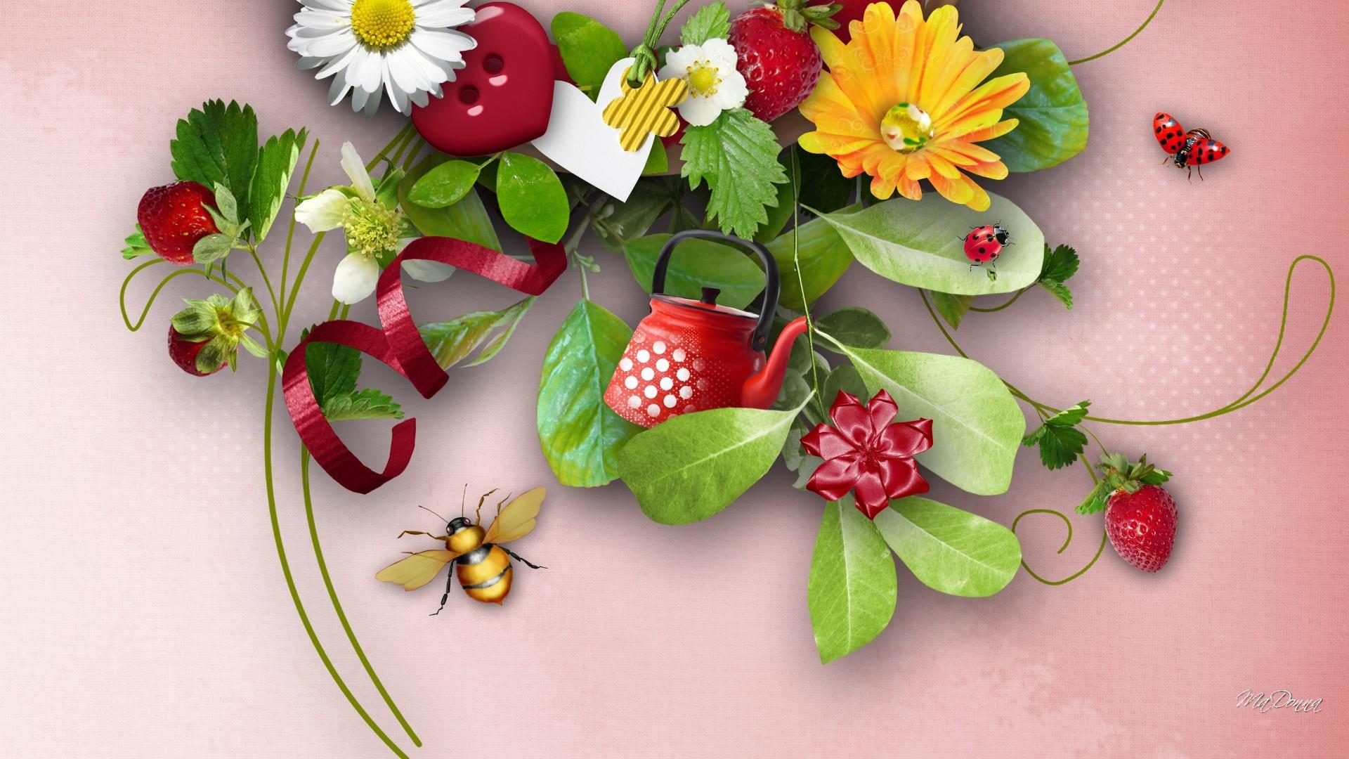 Flower: Sweetness Strawberries Flowers Hearts Ladybugs Ribbon Pink