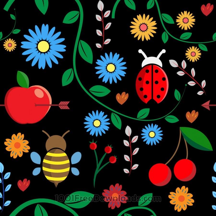Free Vectors: Pattern with leaves, berries, bugs, flowers, apple
