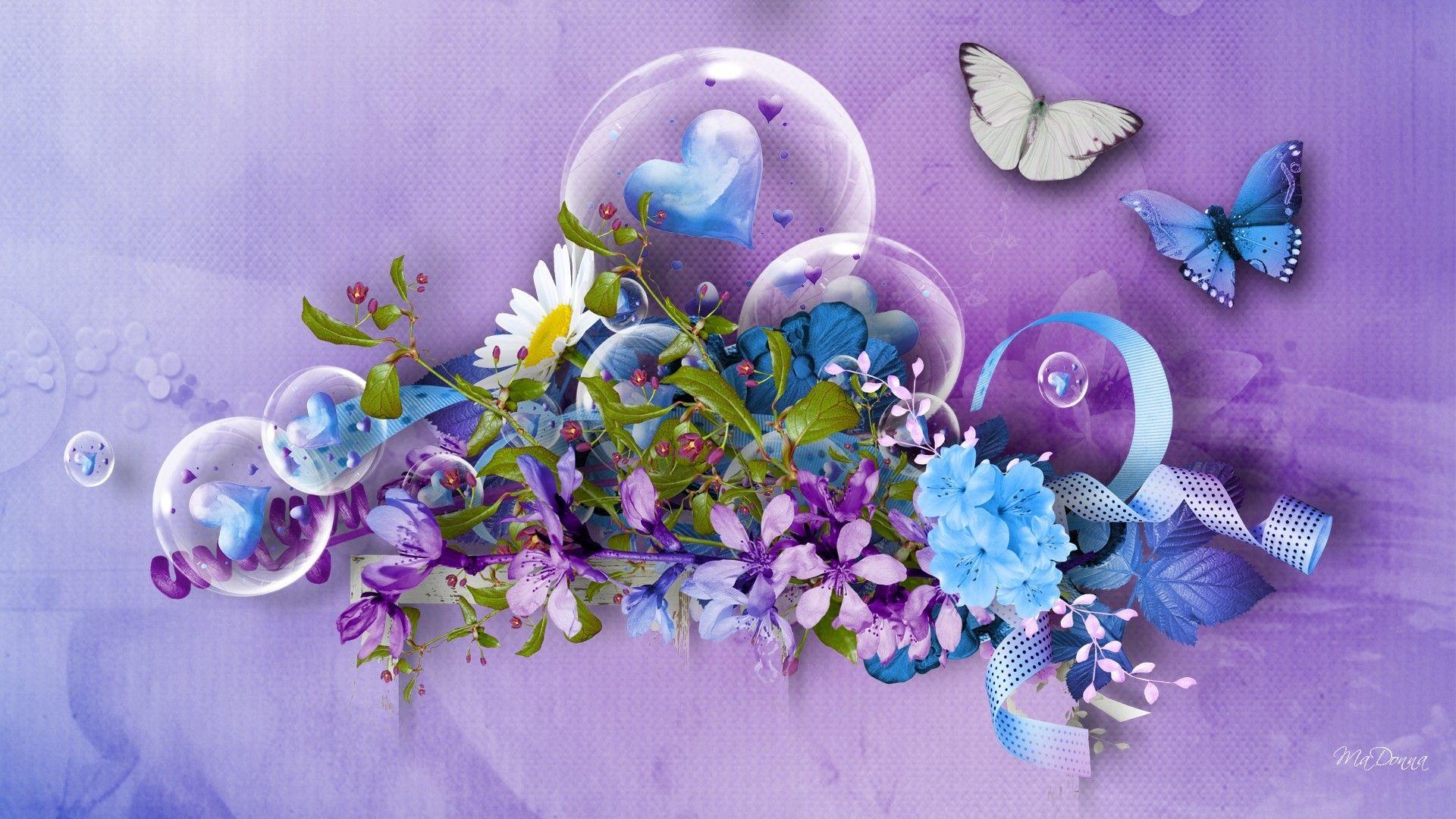 Heart and Flowers and Butterflies Wallpaper at
