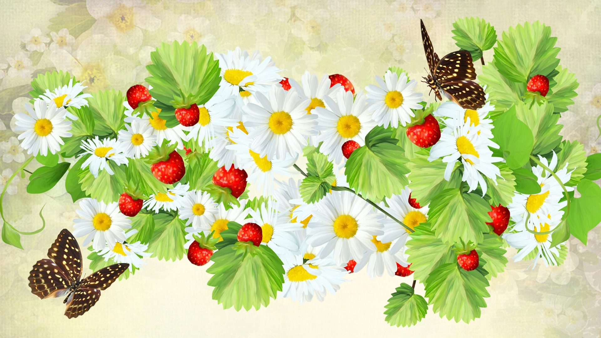 Fresh Spring Berries and Butterflies HD Wallpaper