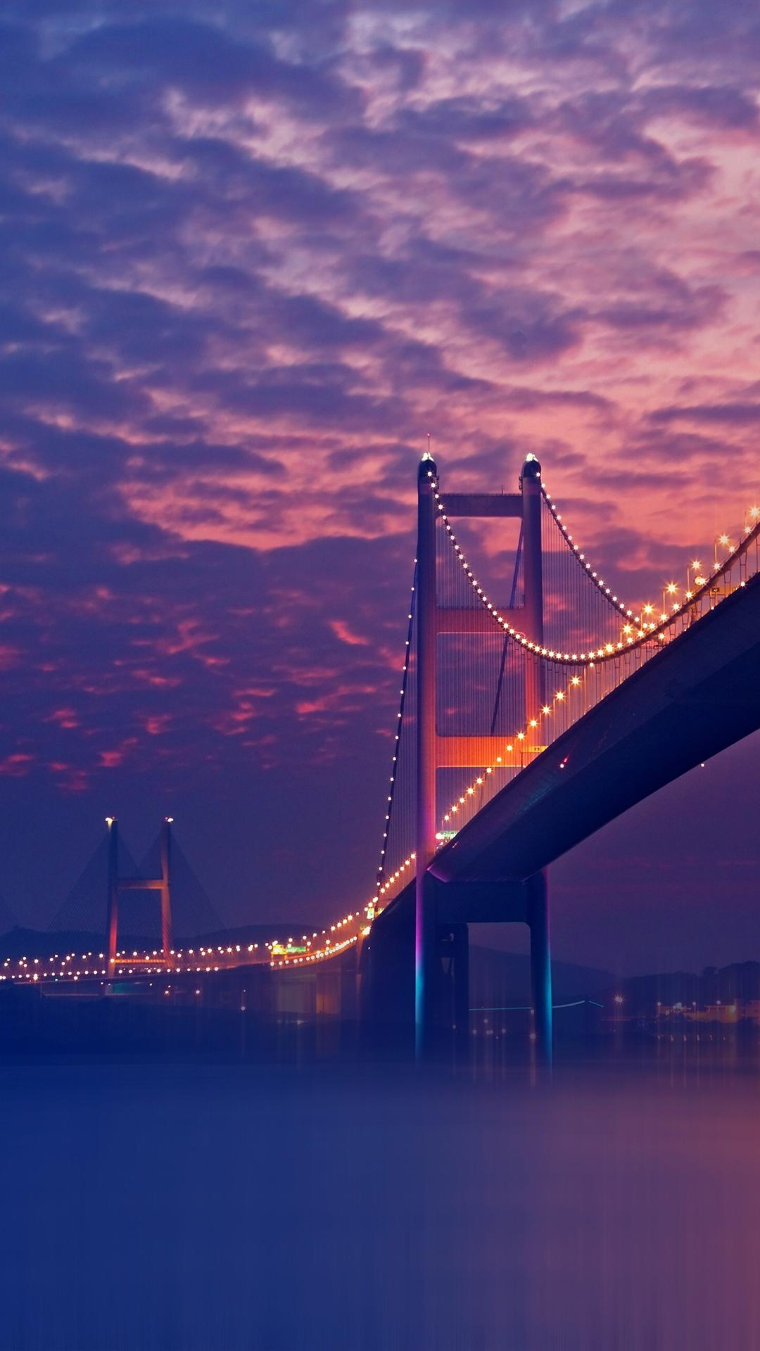 Bridge Night Lights Purple Android Wallpaper free download