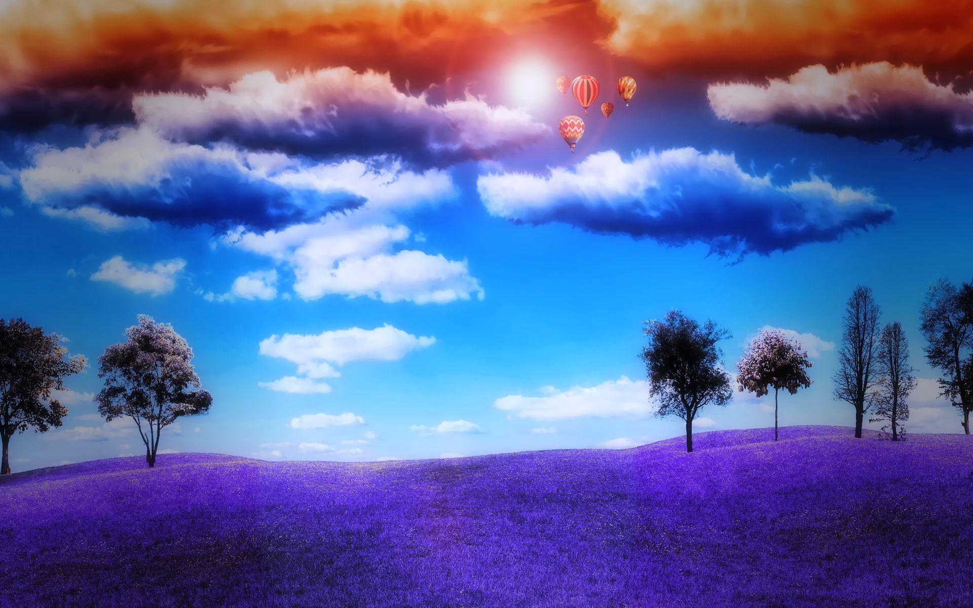 HD Dream World Wallpaper, trees, field, sun, sky, nature, clouds, 3D