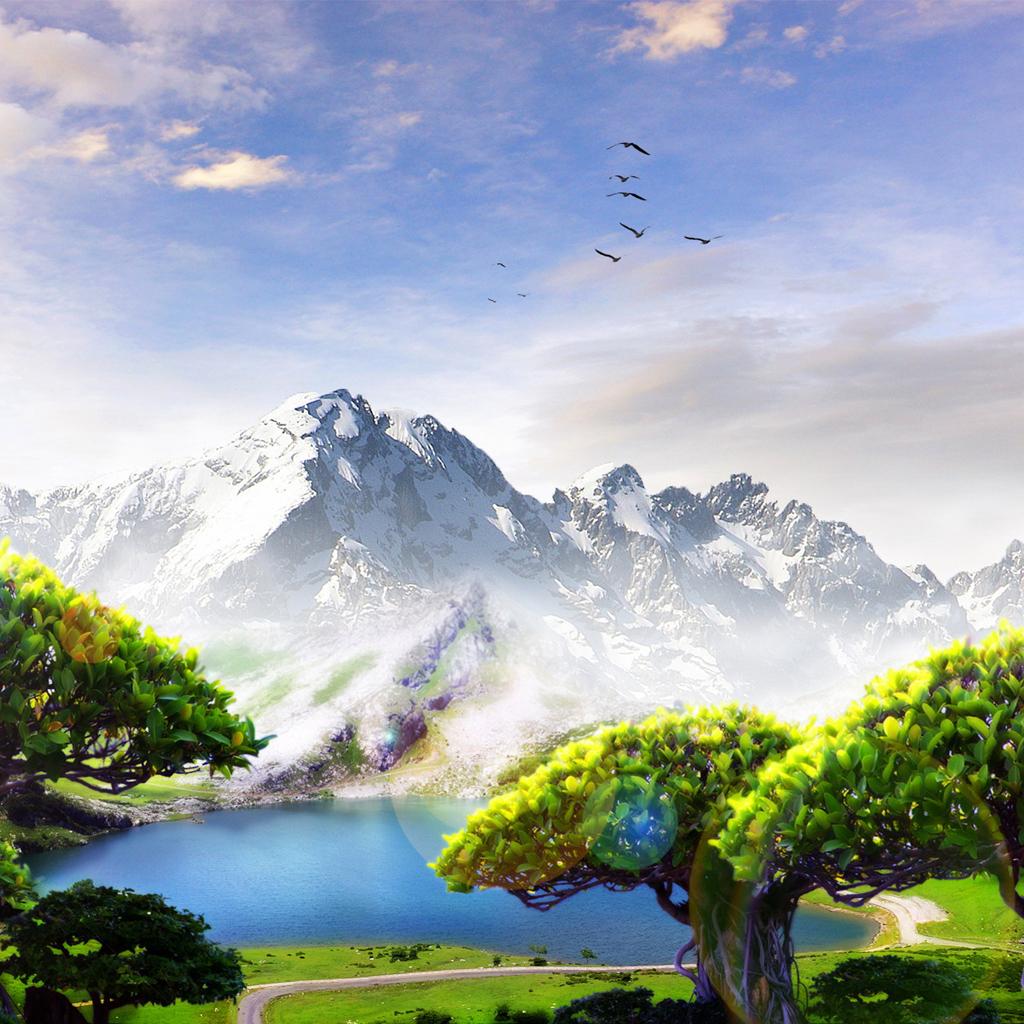 Beautiful Mountain, Tree And Lake Scenery iPad Wallpaper 1024x1024