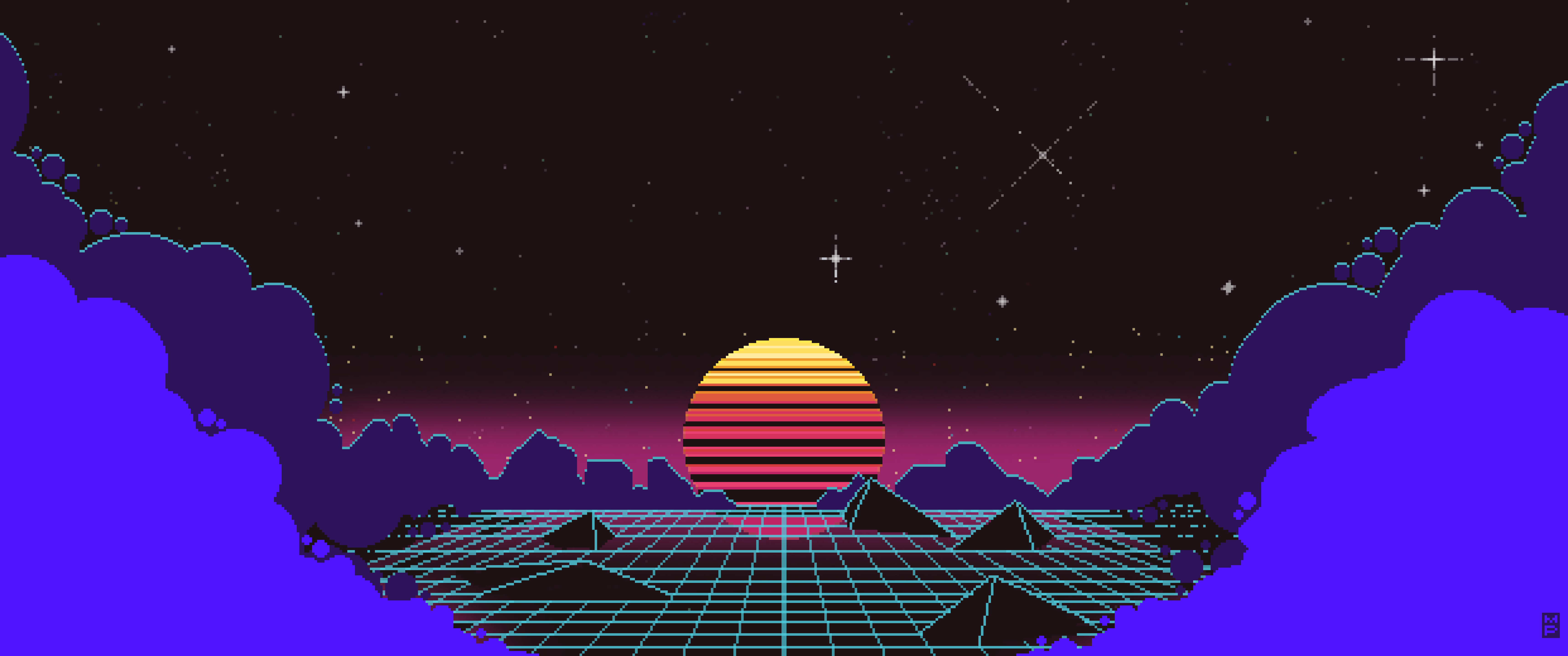Outrun Pixel Sunset [6880×2880]