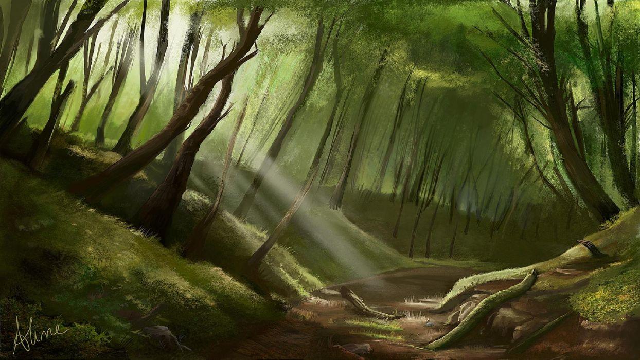 Forest nature tree landscape artwork painting wallpaperx1080