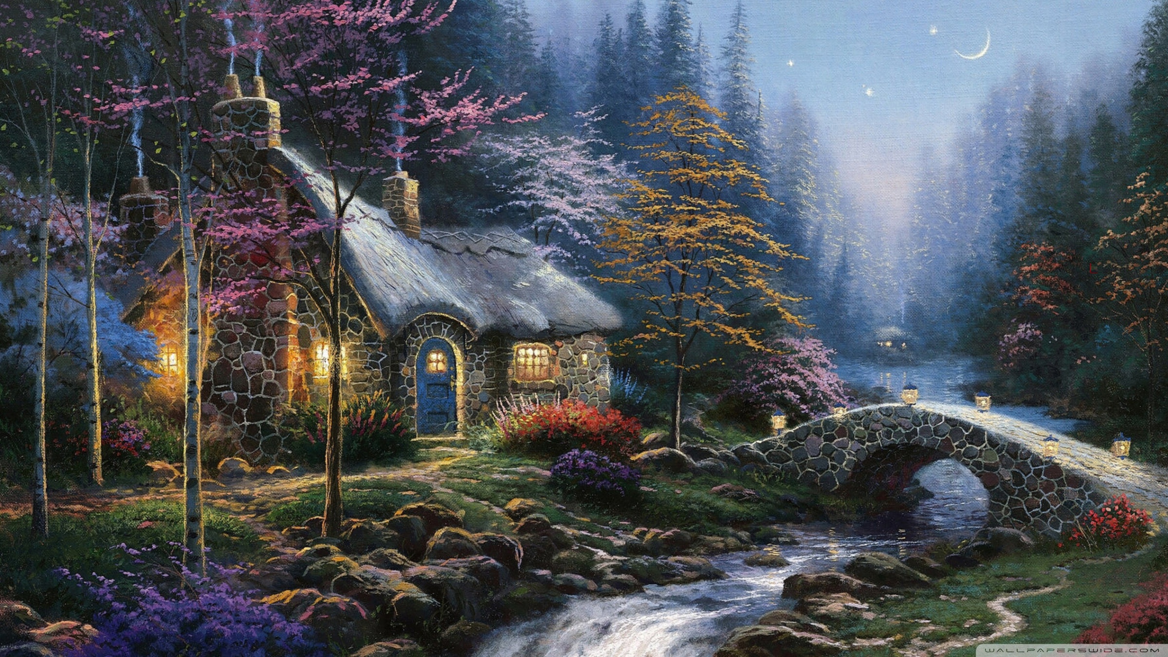 Forest Cottage Spring Painting ❤ 4K HD Desktop Wallpaper for 4K