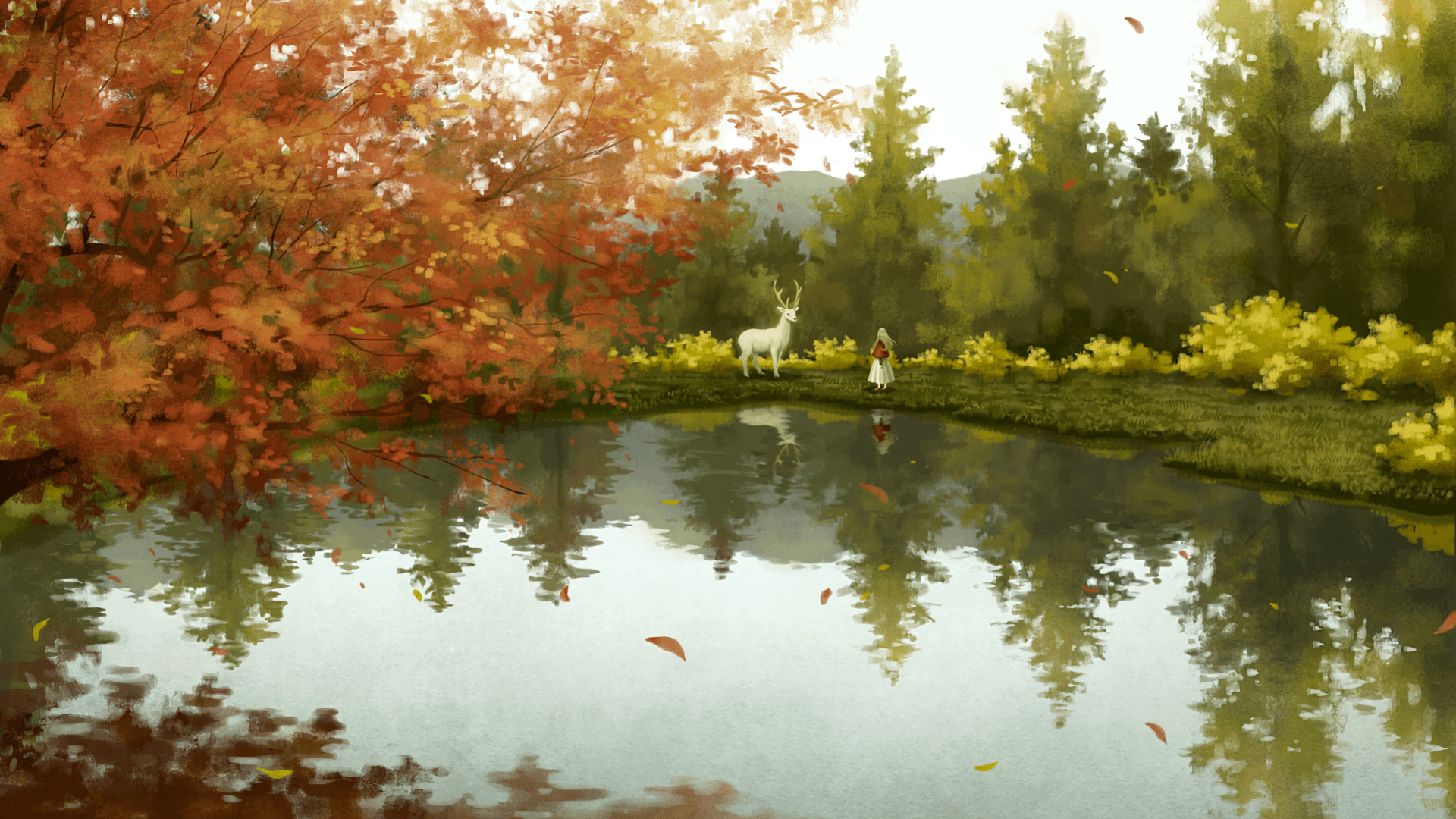 Download 1920x1080 Anime Girl, Deer, Forest, Reflection, Lake